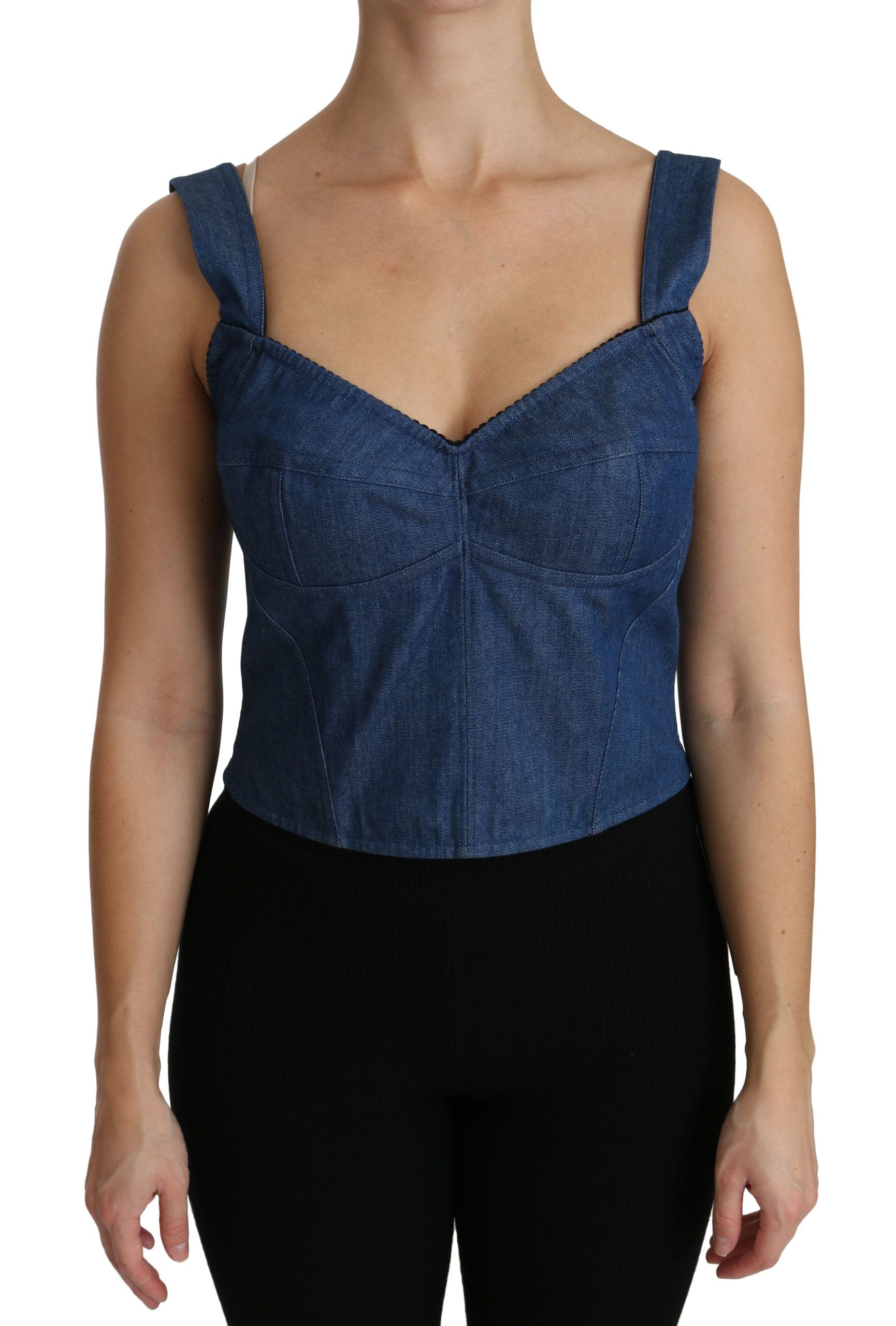 Blauwe mouwloze bustier blouse katoenen top