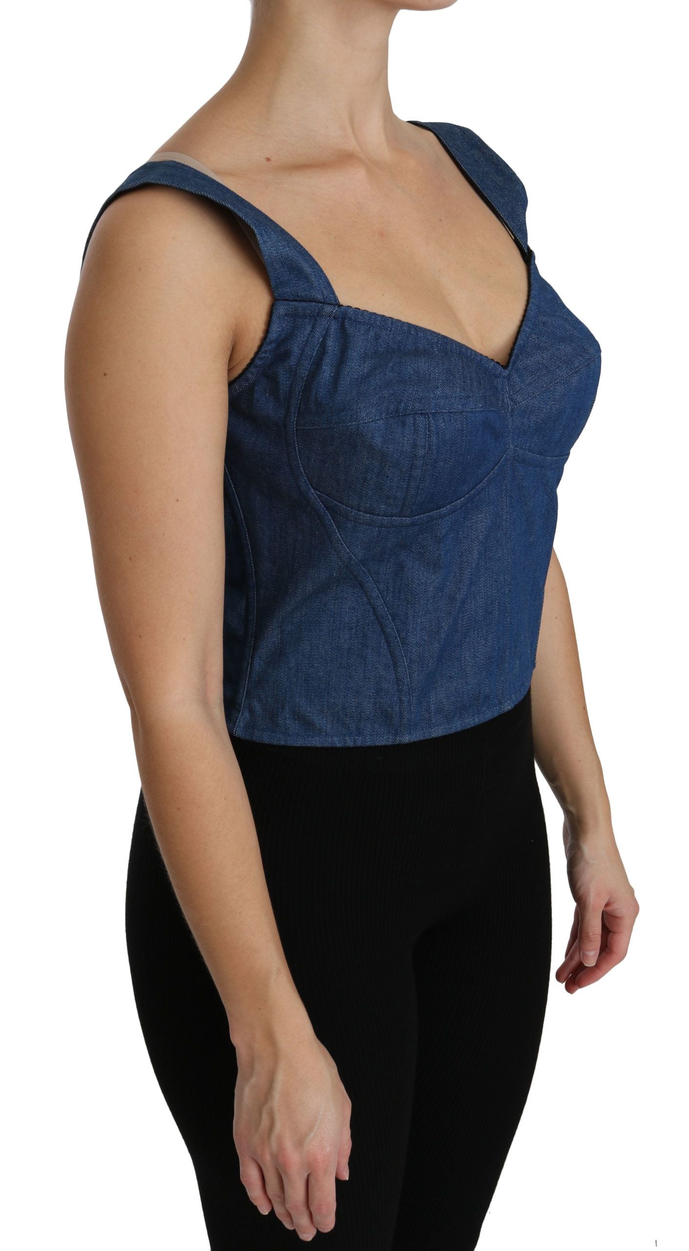 Blauwe mouwloze bustier blouse katoenen top