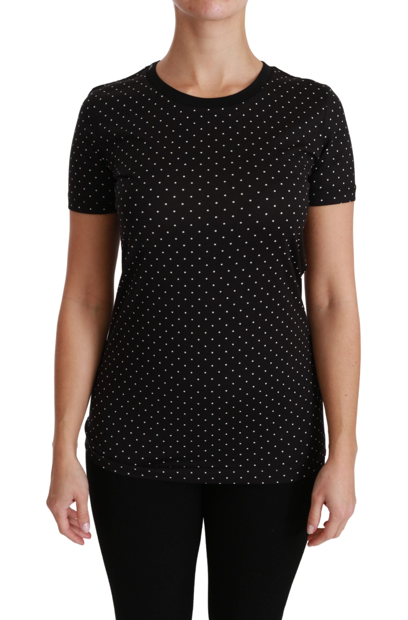 Zwart gestippelde ronde hals katoenen top T-shirt