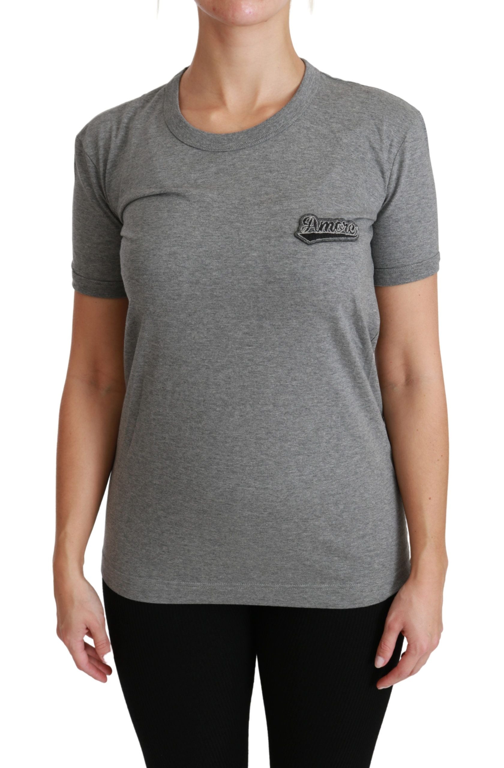 Grijs katoenen T-shirt met ronde hals en Amore-patch