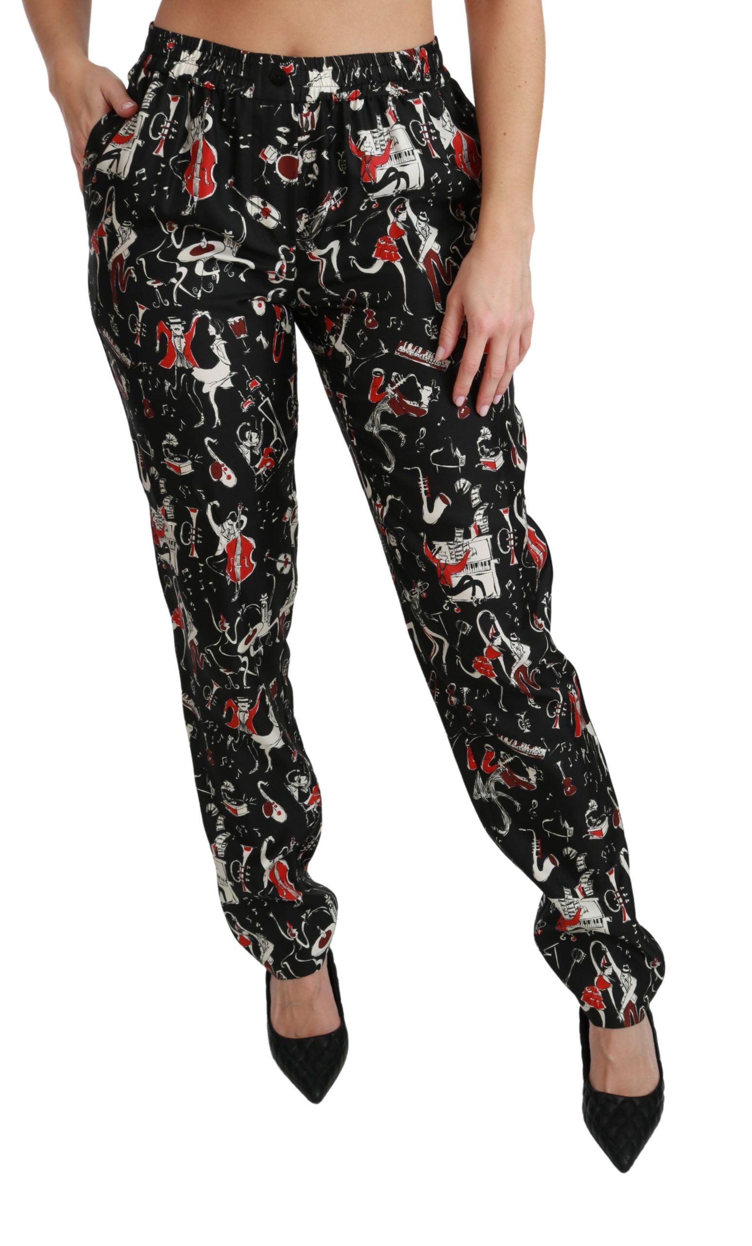 Zwarte zijden instrumentbroek met middelhoge taille
