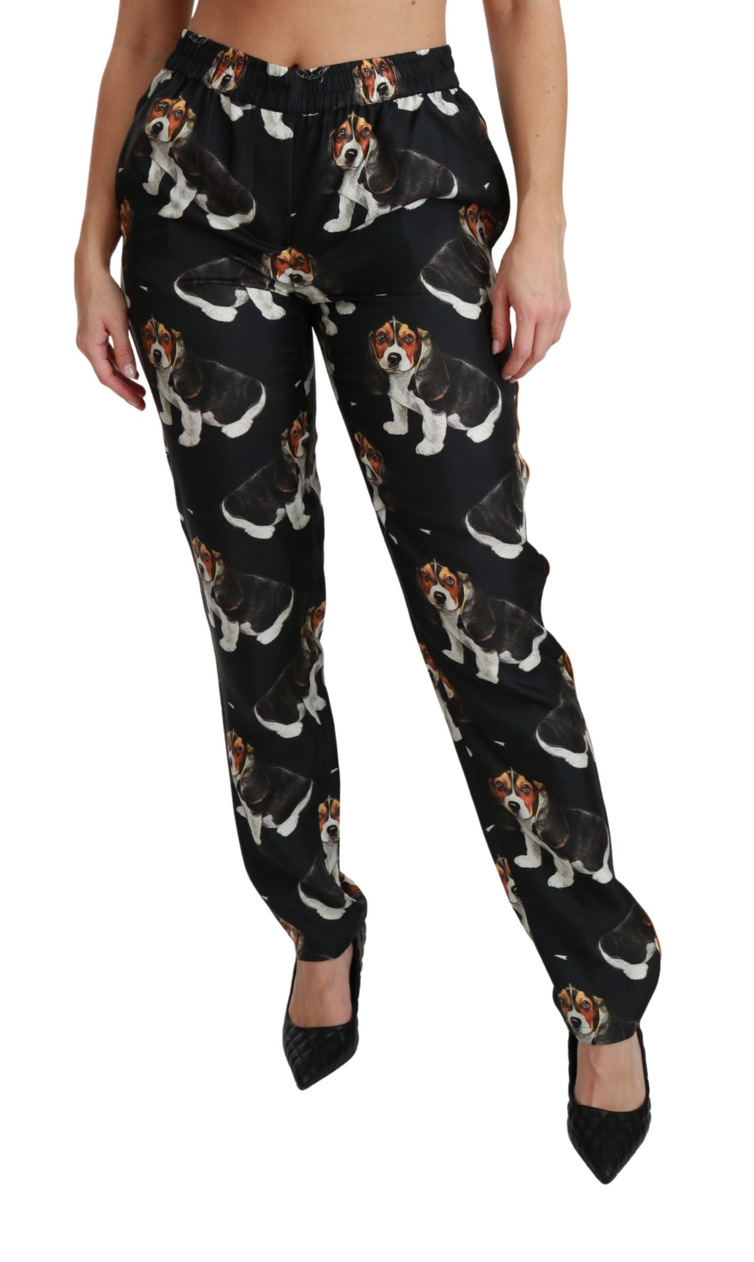 Zwarte Puppy Dog Mid Waist Skinny Zijden Broek