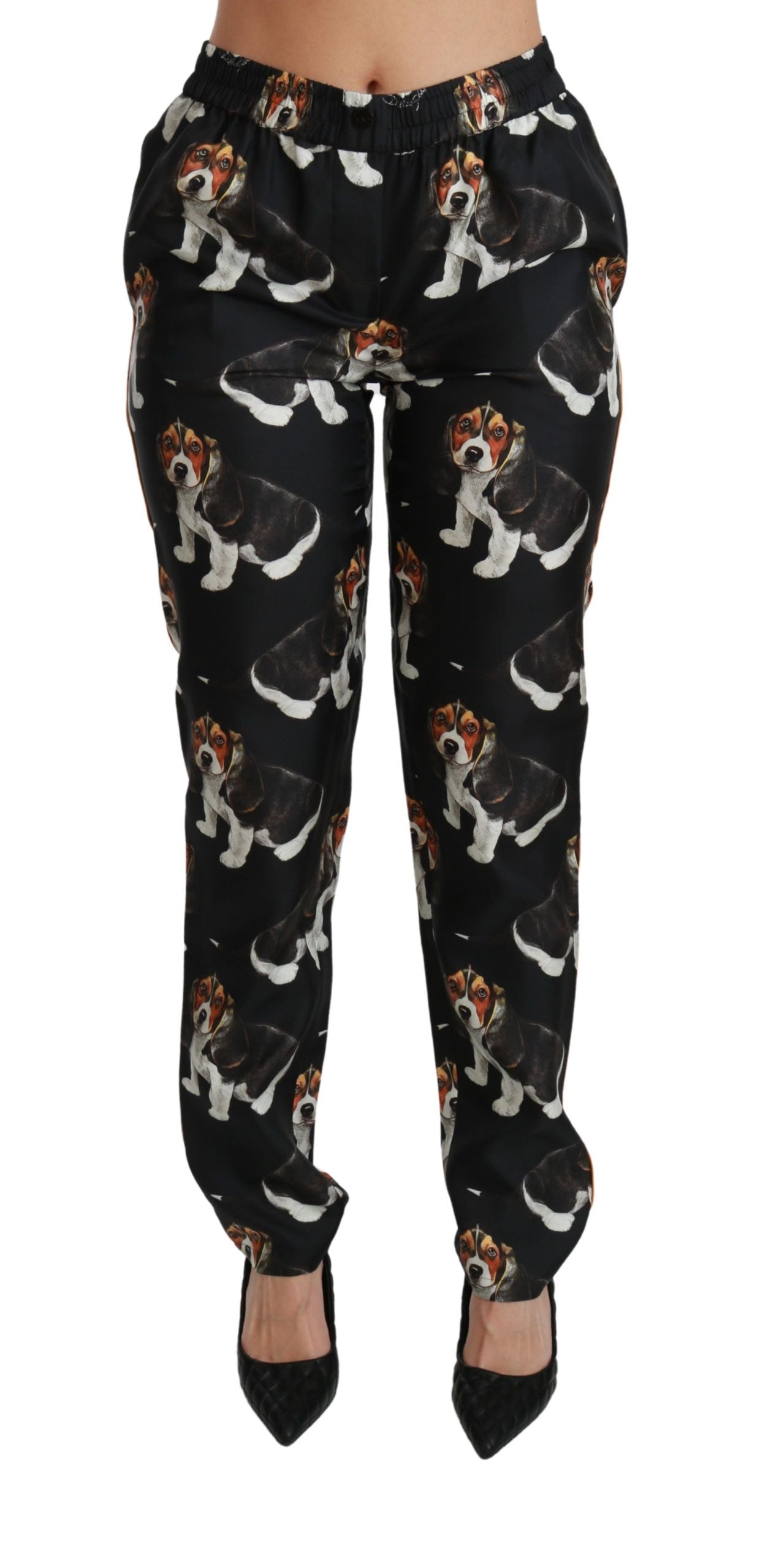 Zwarte Puppy Dog Mid Waist Skinny Zijden Broek