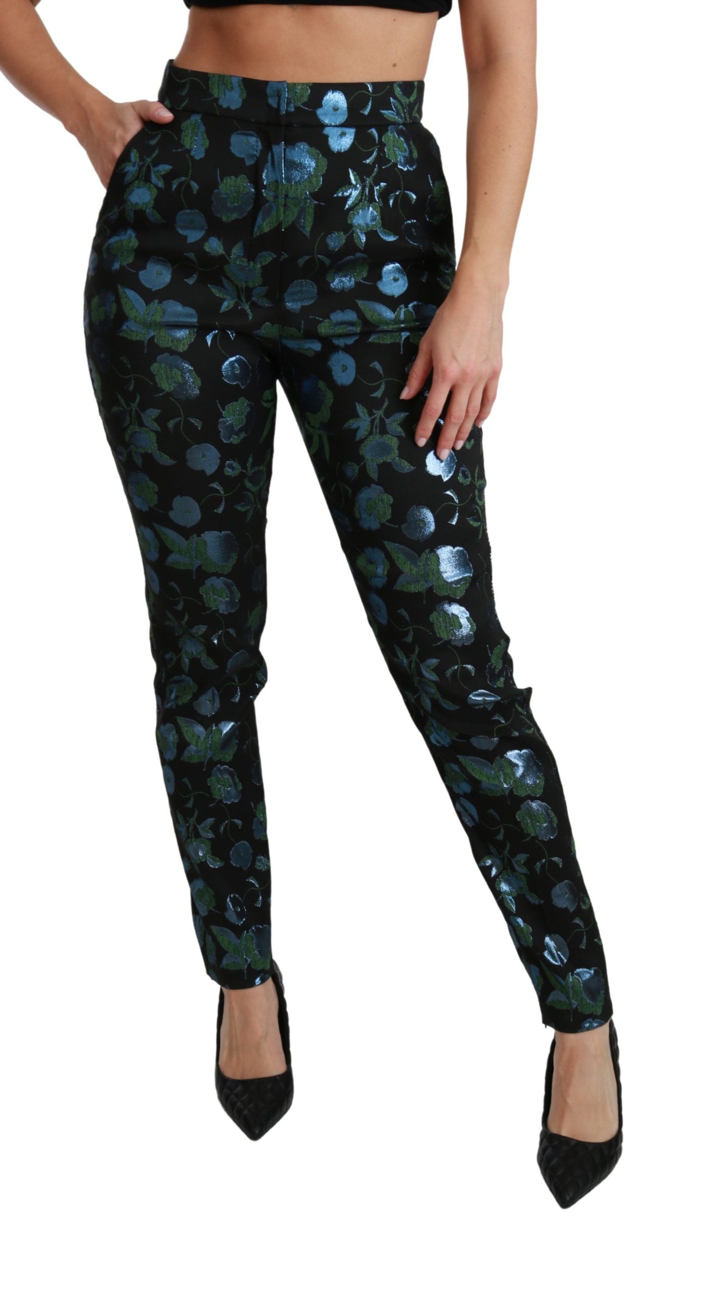 Blauwgroene bloemen metallic slanke broek