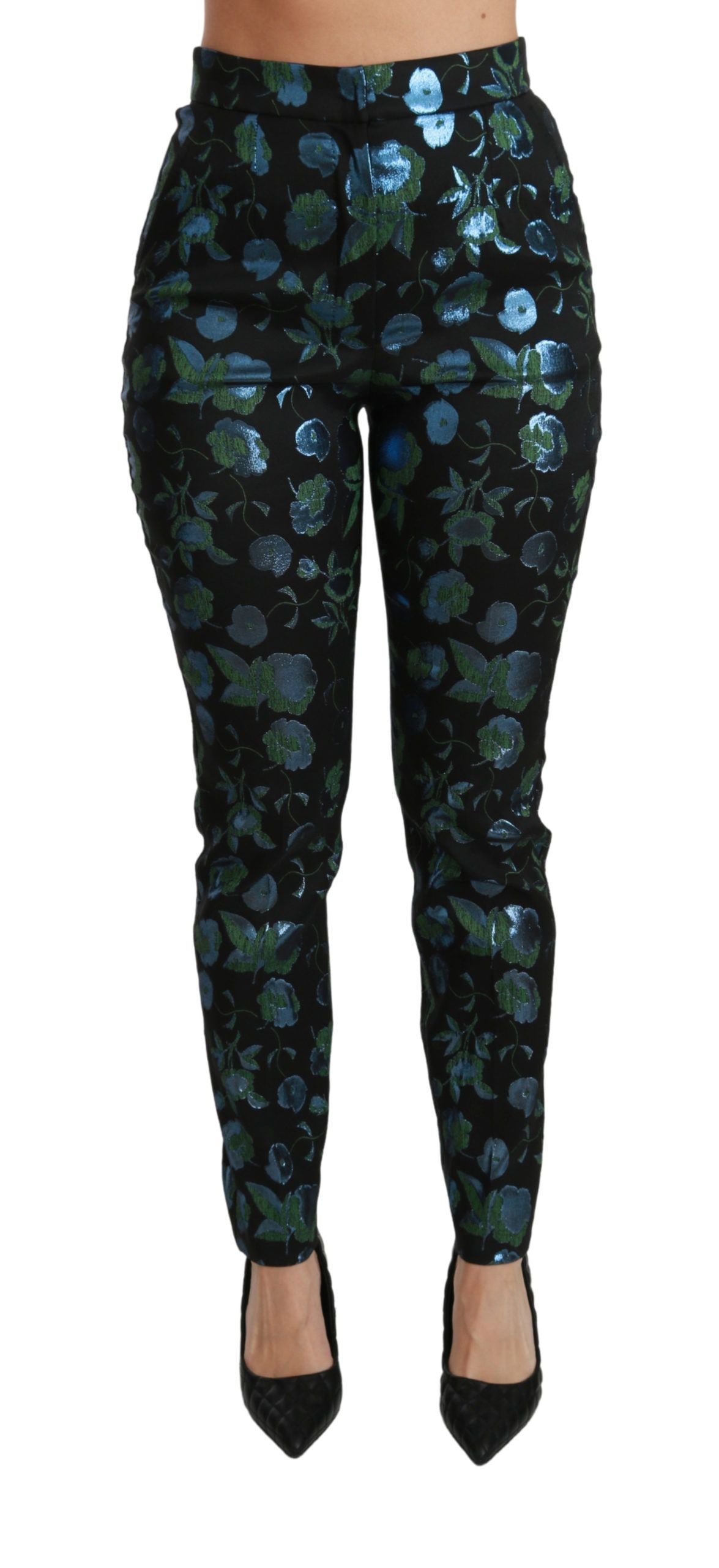 Blauwgroene bloemen metallic slanke broek