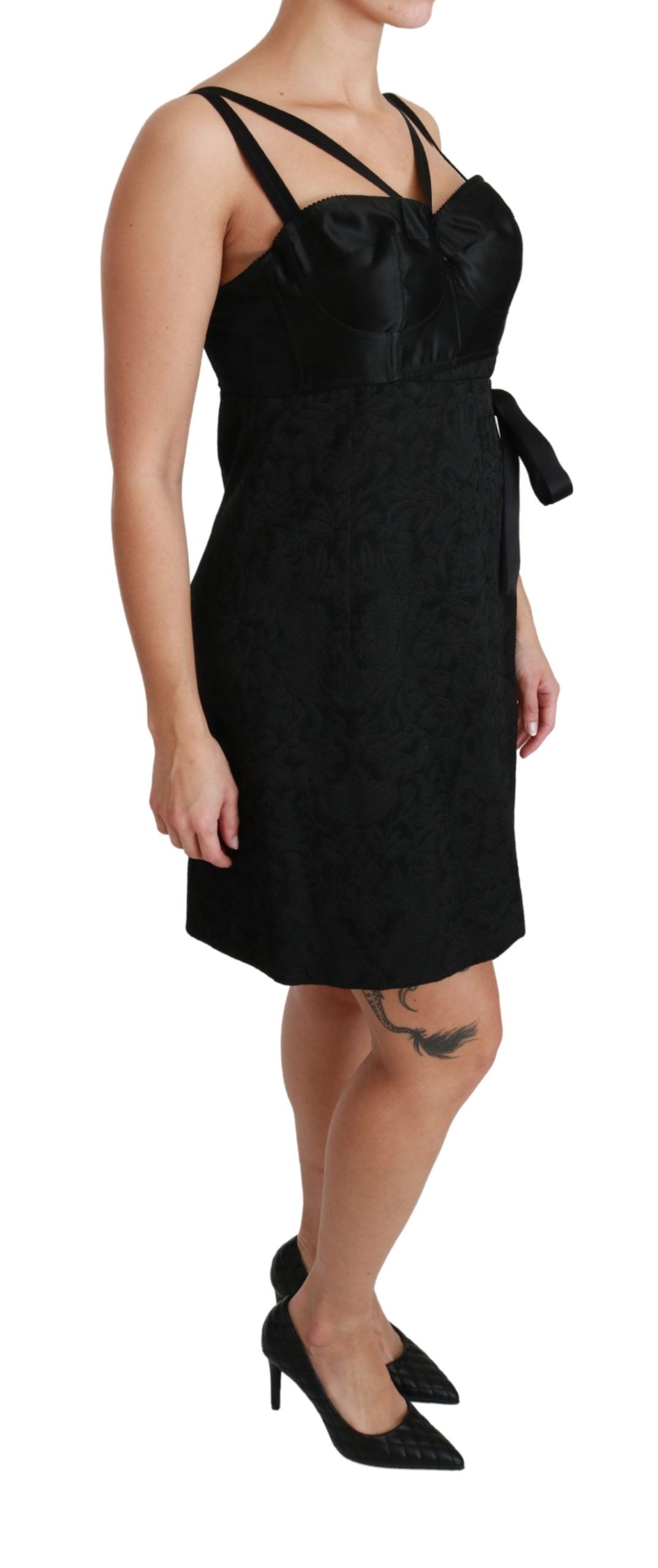 Zwarte stretch satijnen jacquard mini-jurk