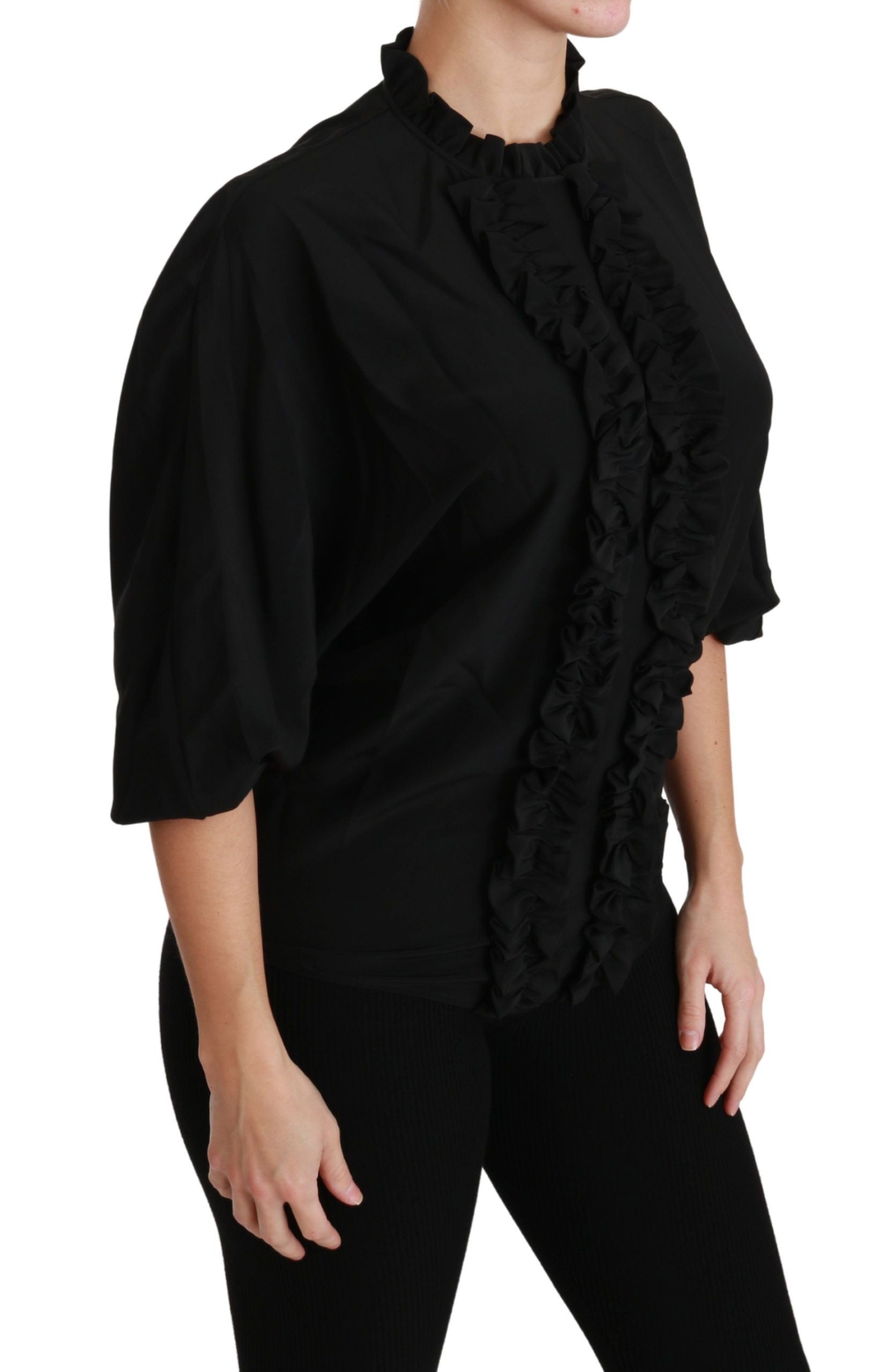 Zwarte zijden blouse met geplooide top