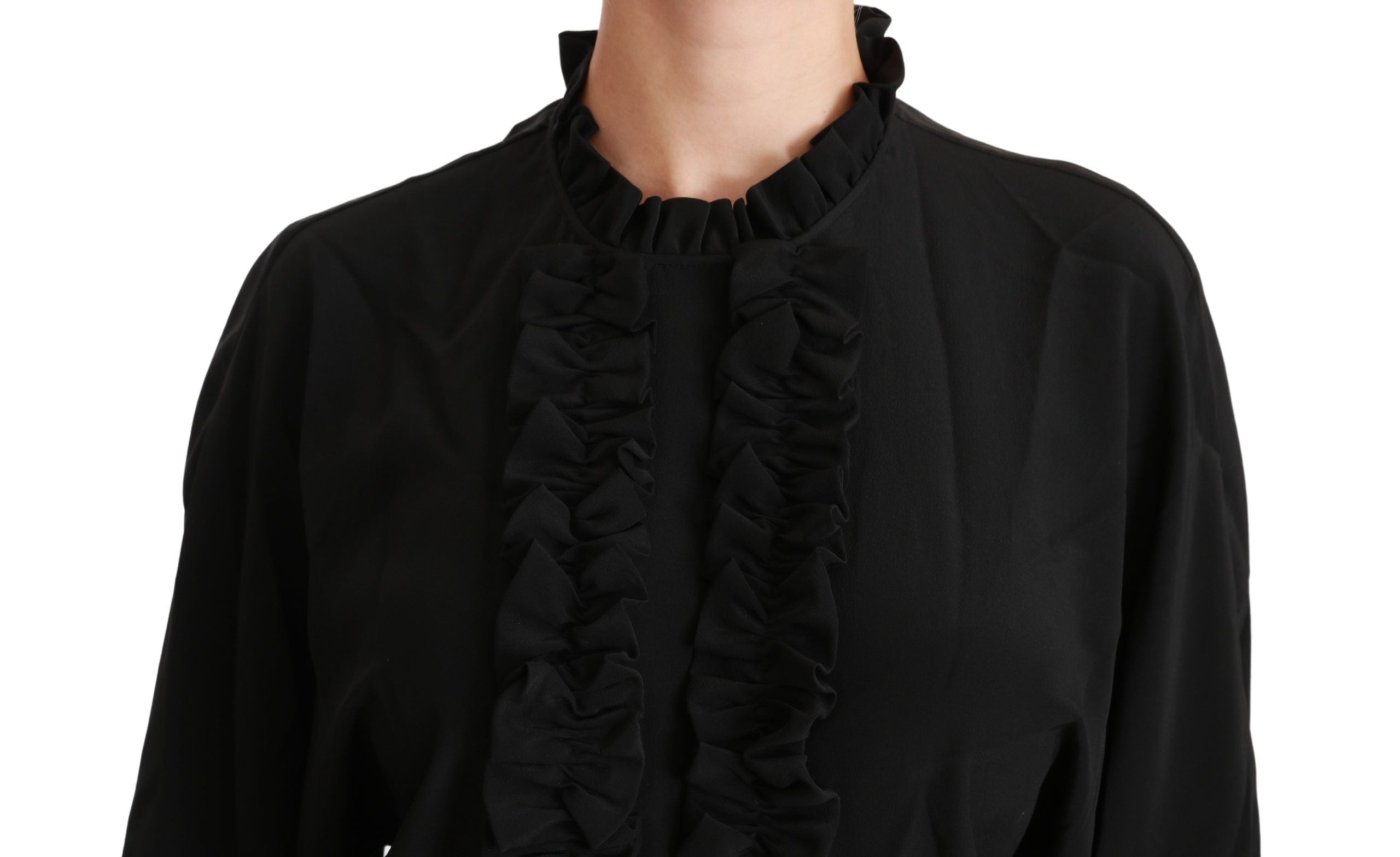 Zwarte zijden blouse met geplooide top