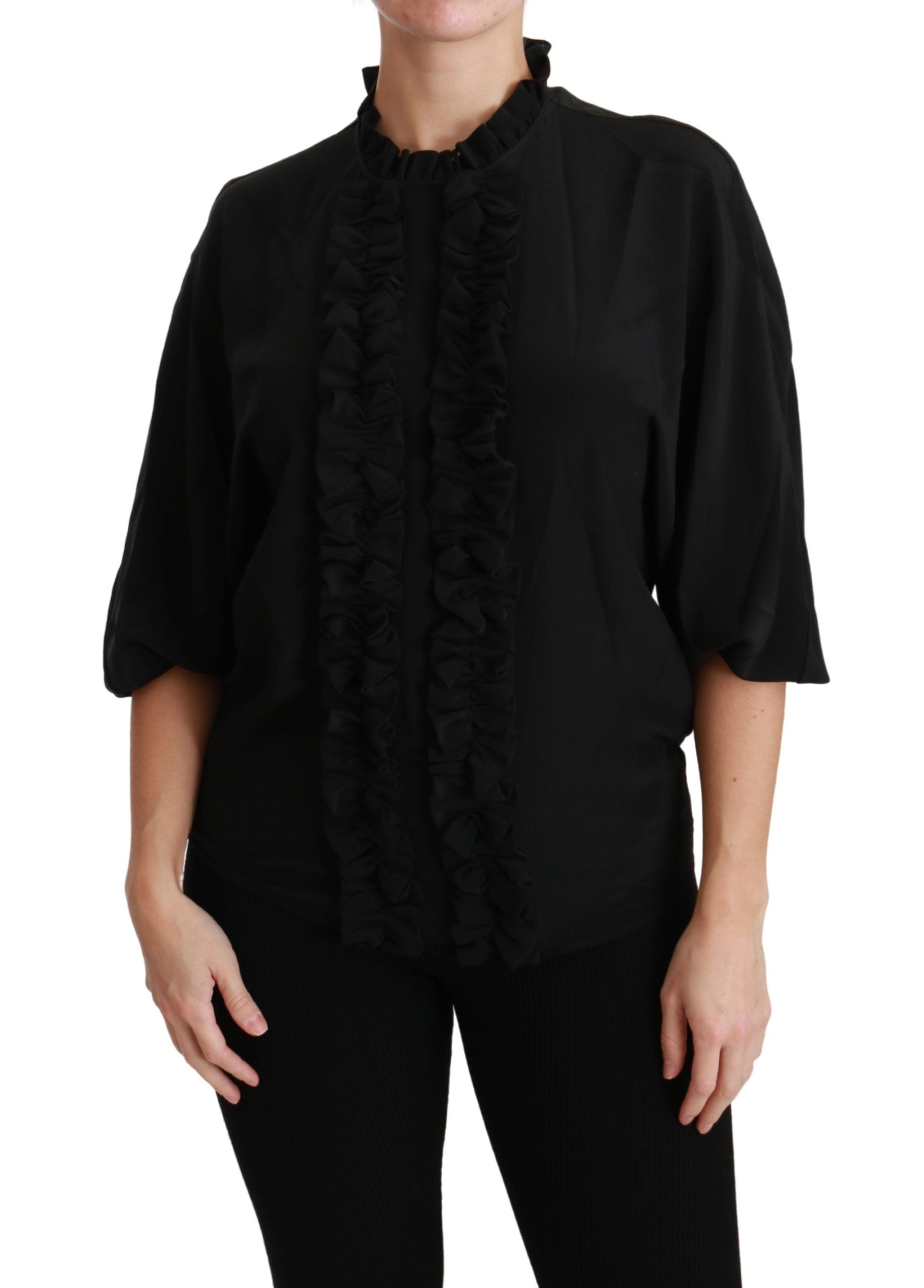Zwarte zijden blouse met geplooide top