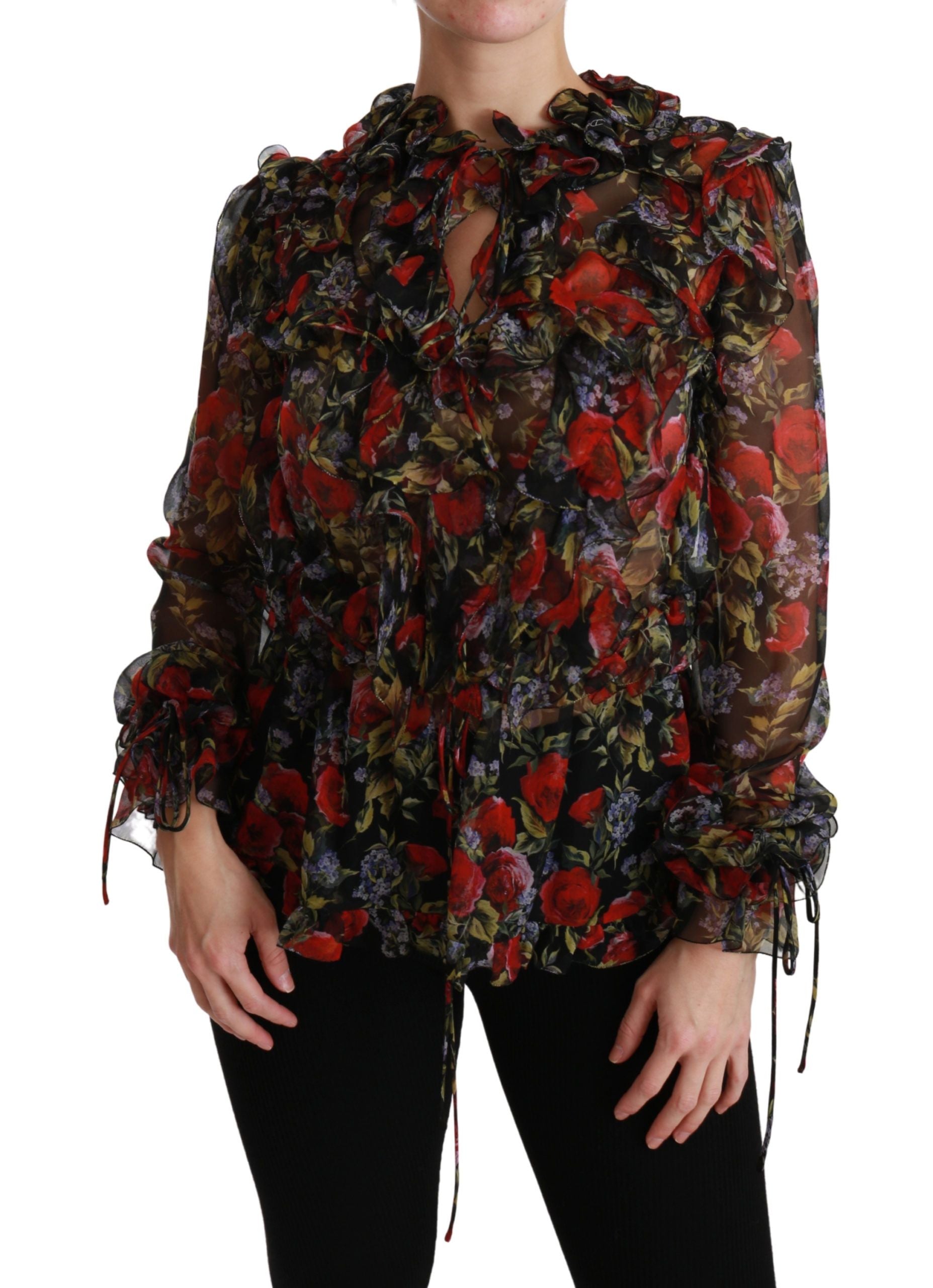 Zwarte zijden top met bloemenprint en rozen