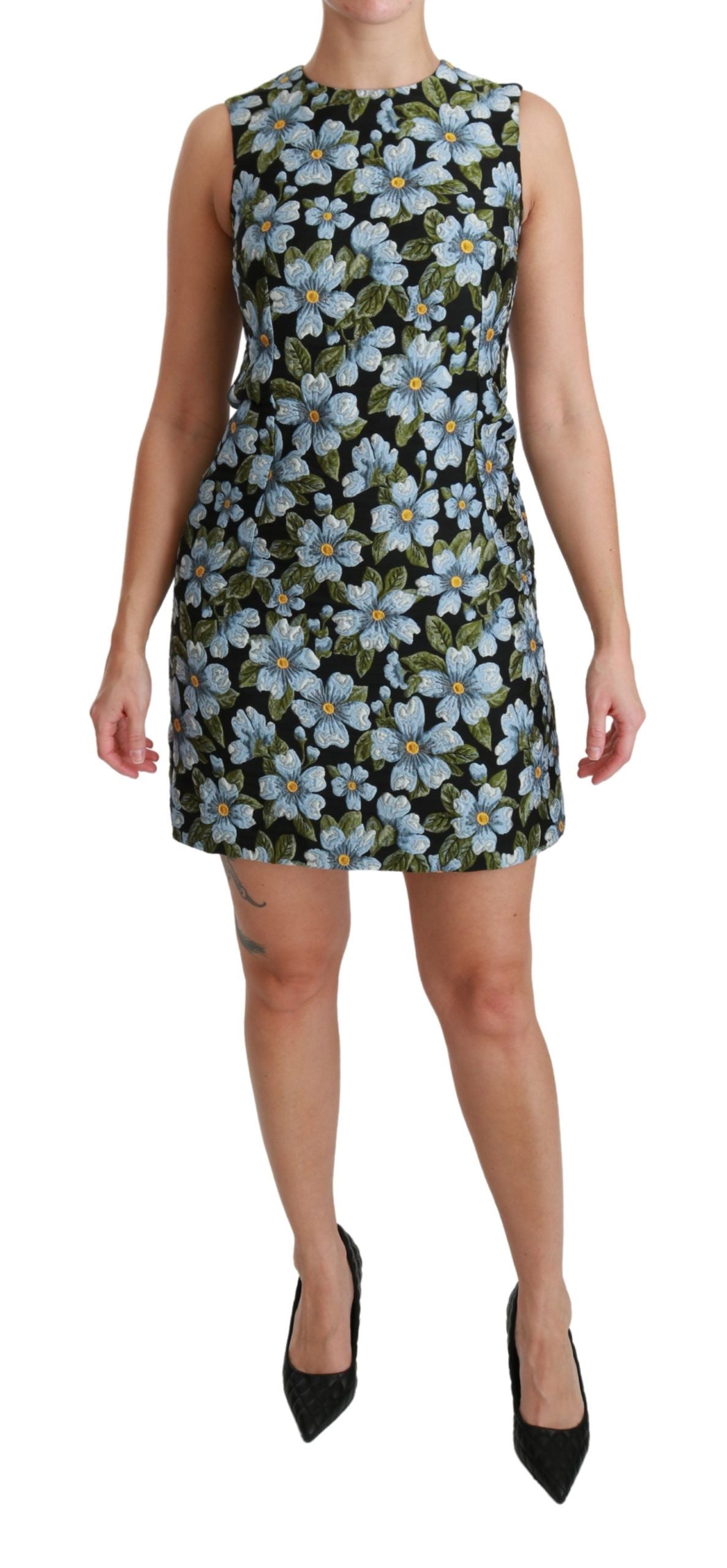 Blauwe bloemen brokaat shiftjurk