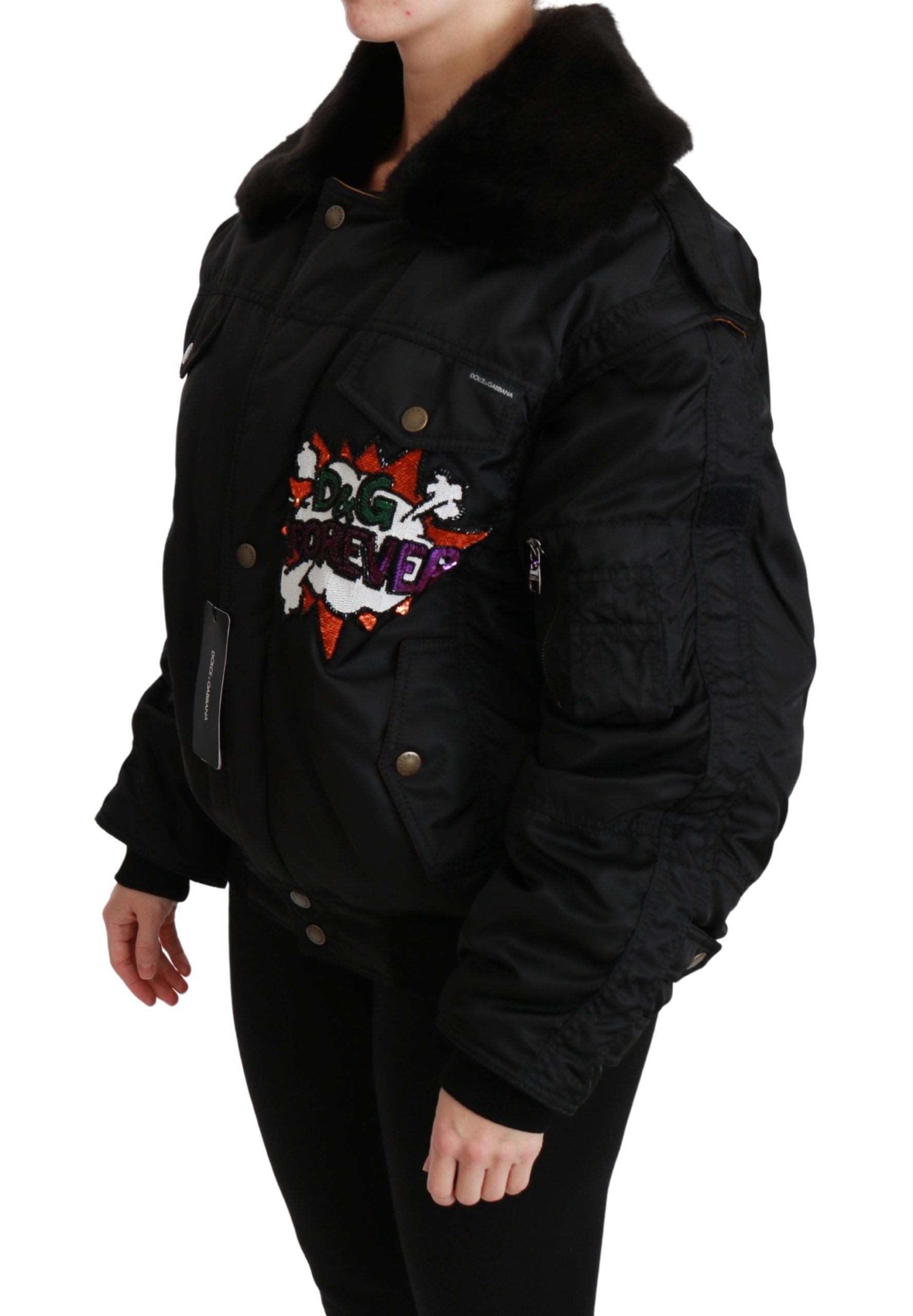 Zwarte bomberjack met Queen Crown-pailletten