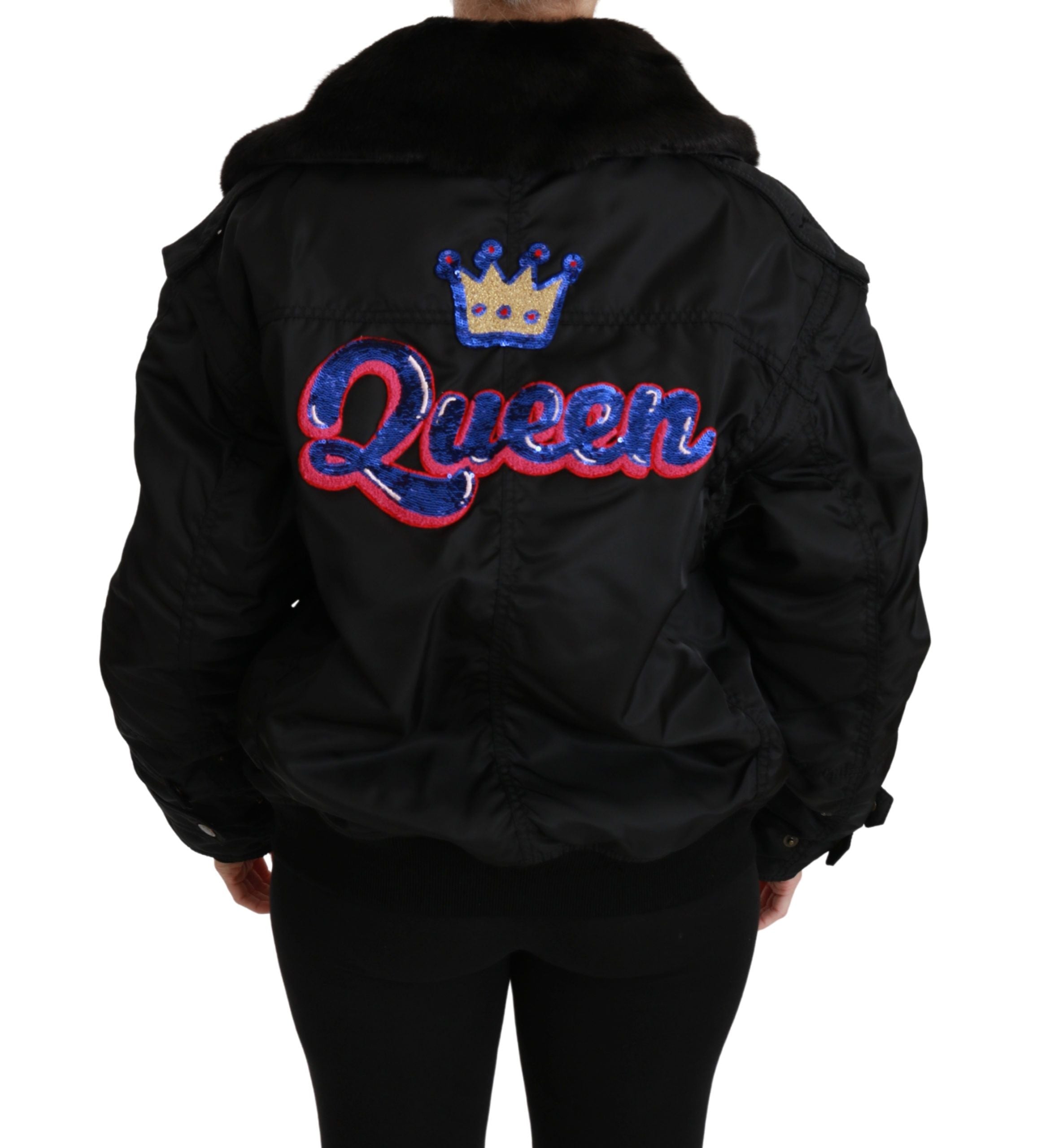 Zwarte bomberjack met Queen Crown-pailletten