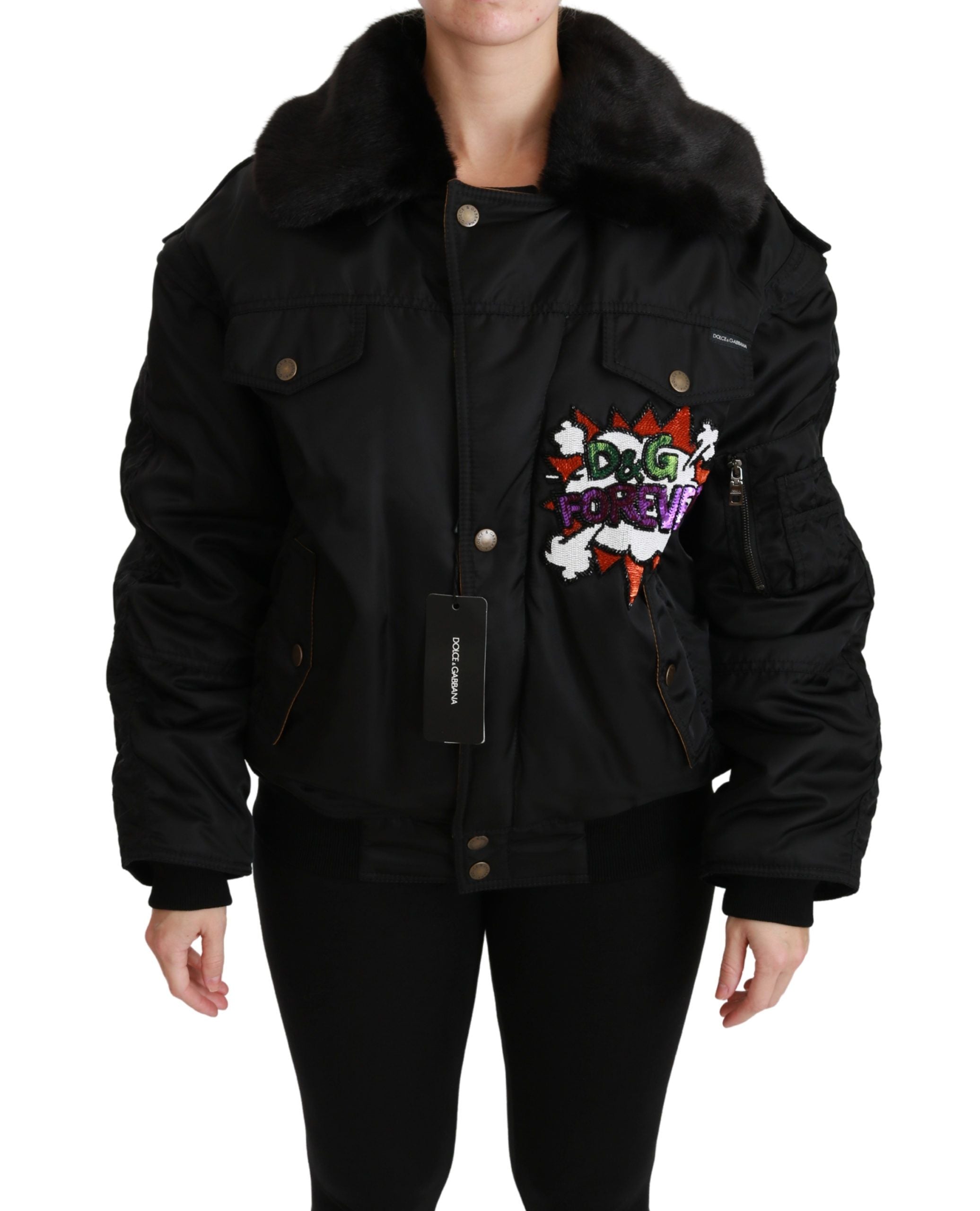 Zwarte bomberjack met Queen Crown-pailletten