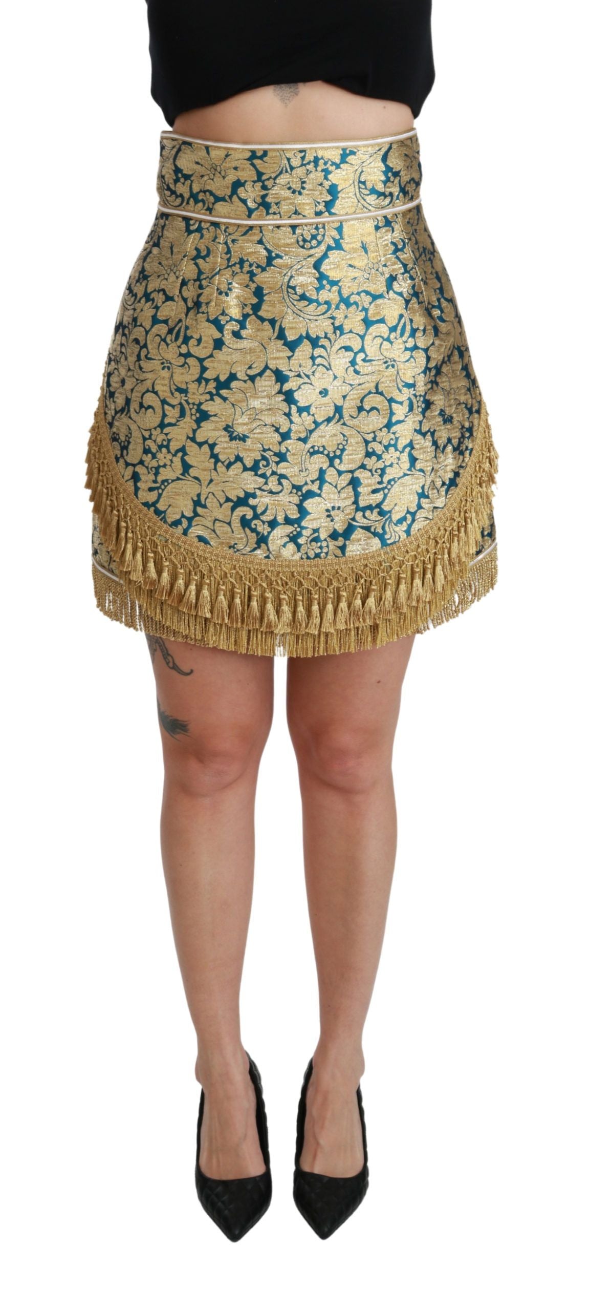 Blauwe jacquard rok met hoge taille en kwastjes in goudkleur