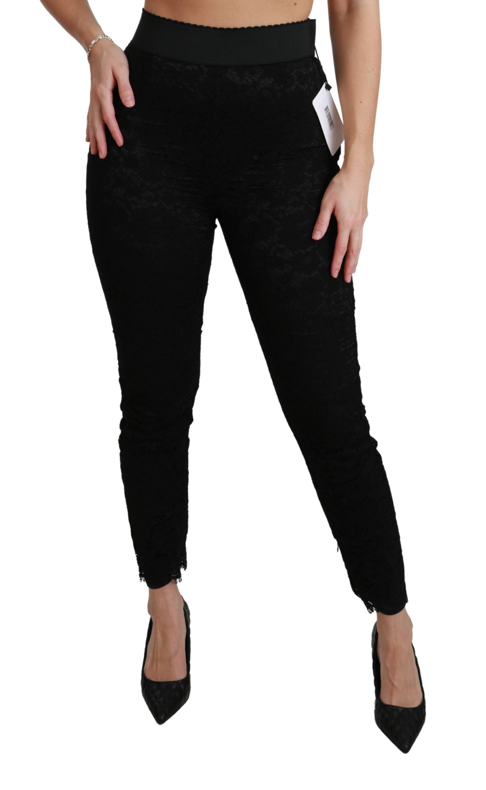 Zwarte kanten skinny hoge taille katoenen broek