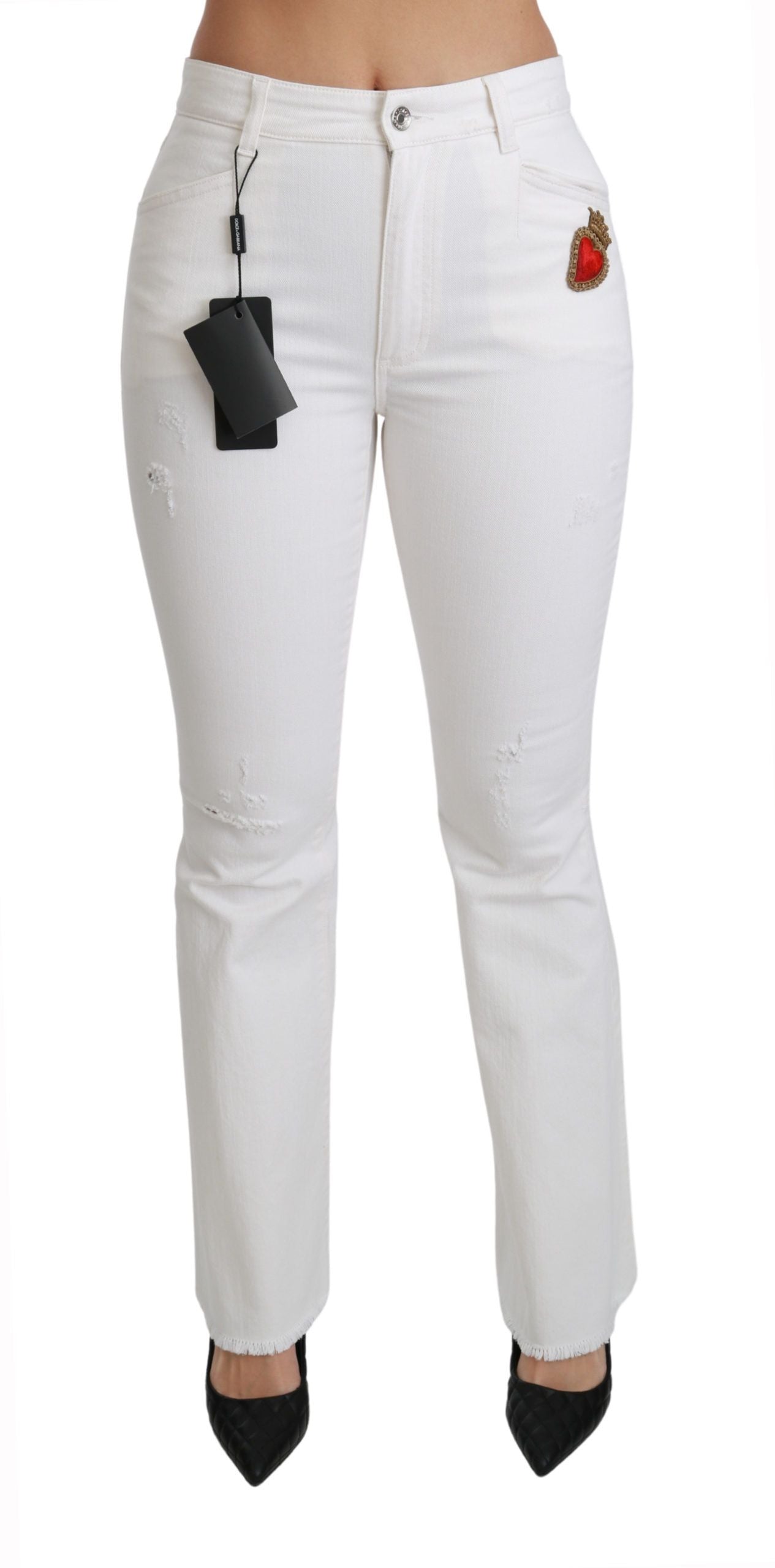 Witte, uitlopende stretchkatoenen broek met hartjesmotief