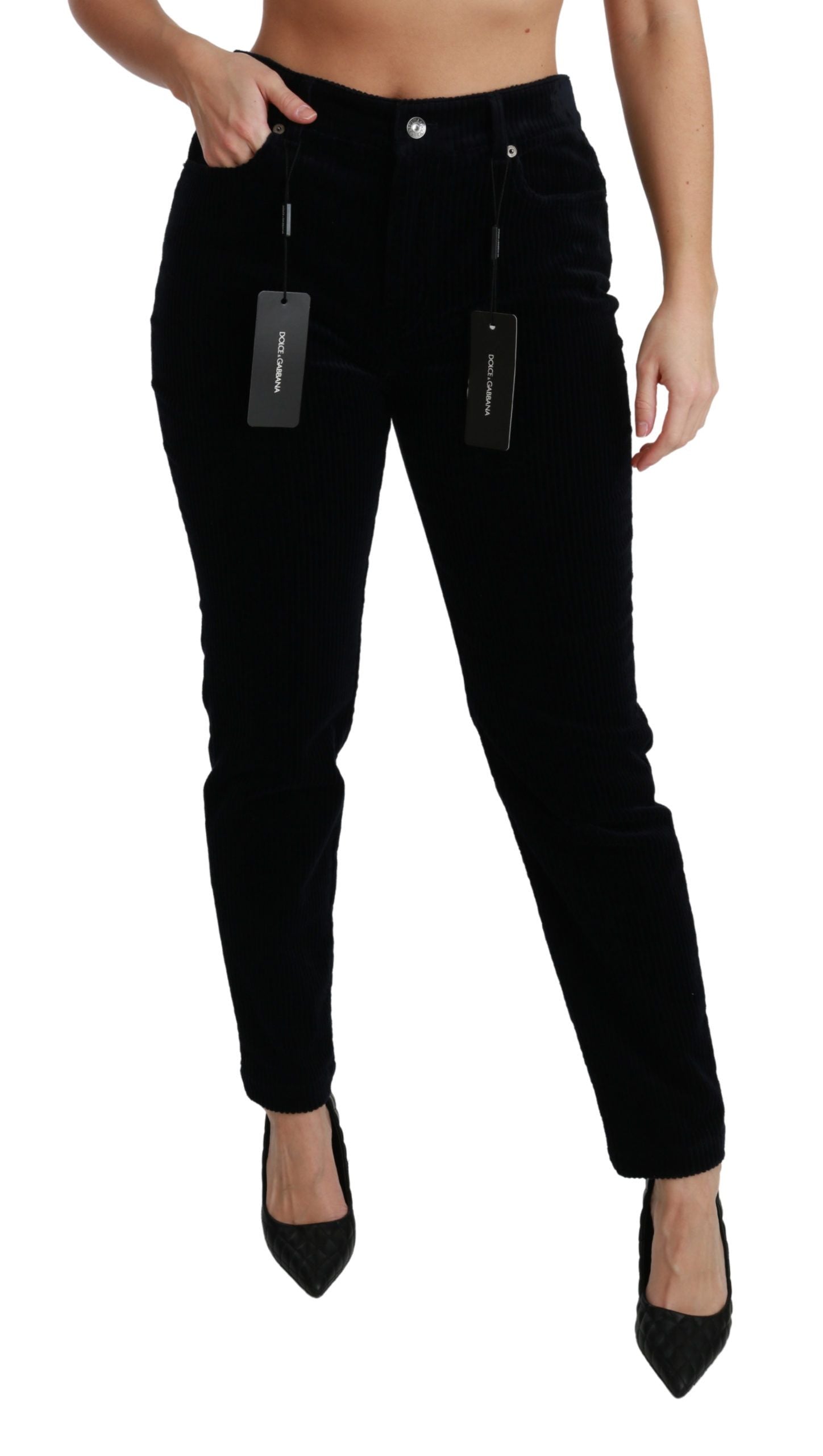 Blauwe corduroy skinny broek met middelhoge taille
