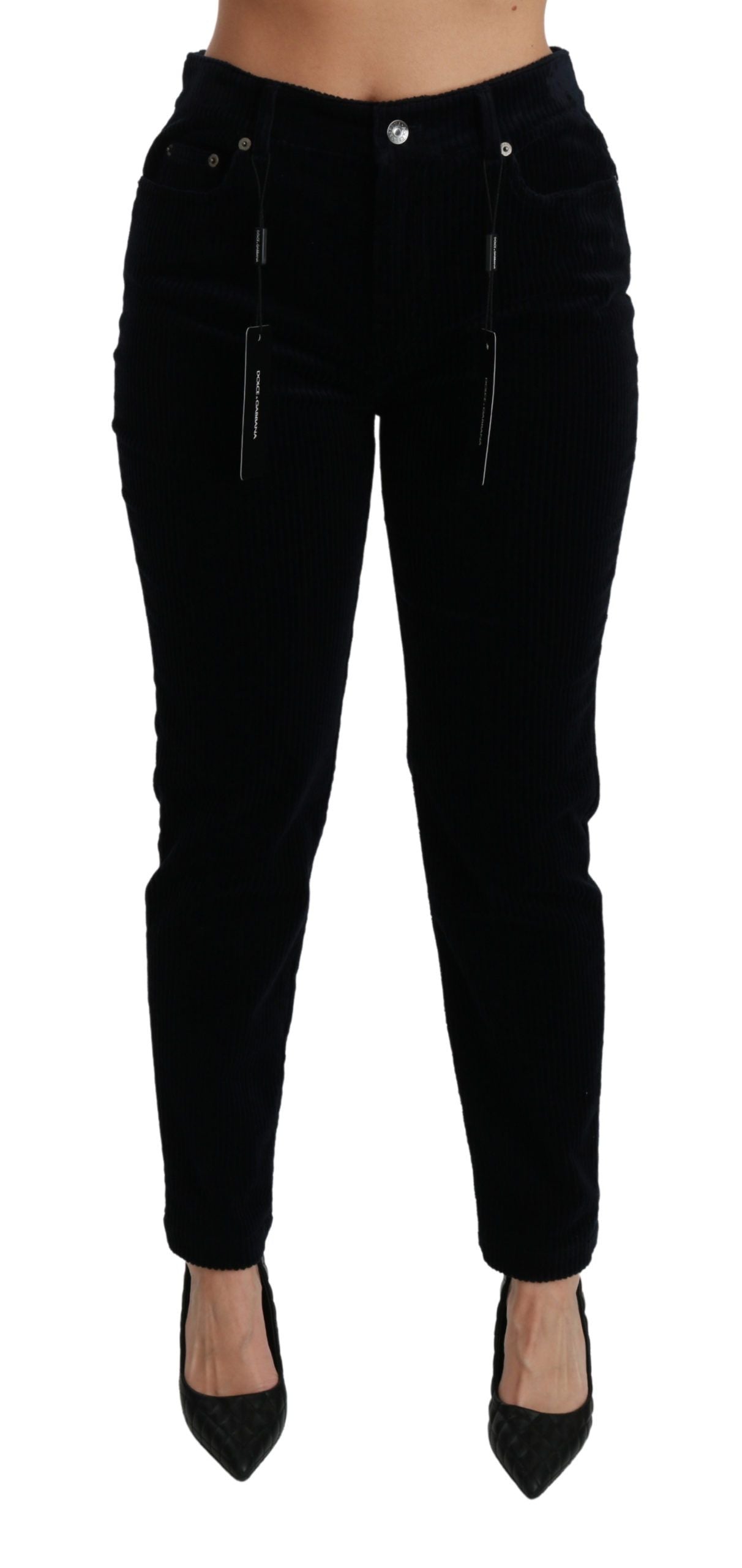 Blauwe corduroy skinny broek met middelhoge taille
