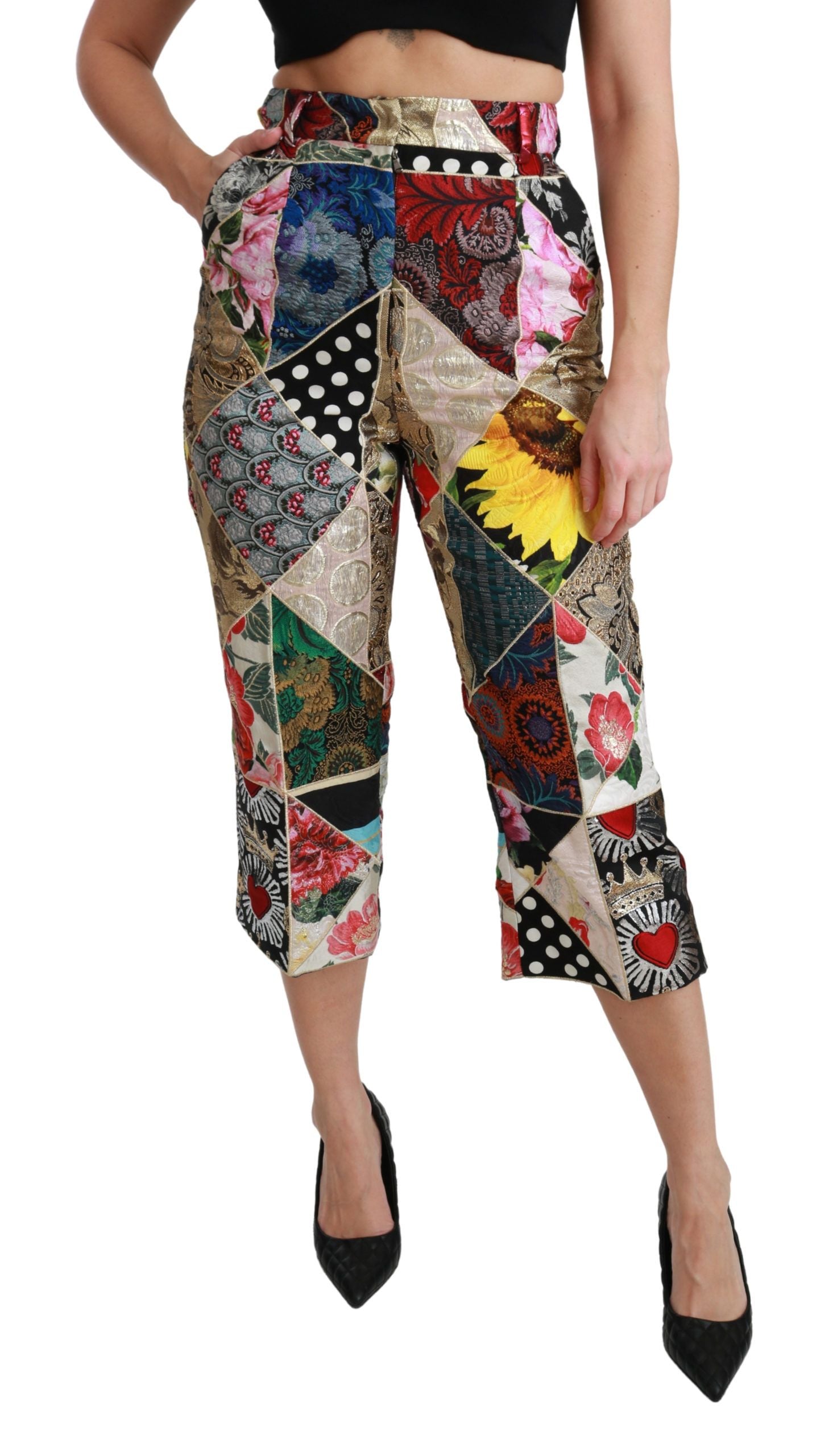 Zijden, veelkleurige print, cropped broek met hoge taille