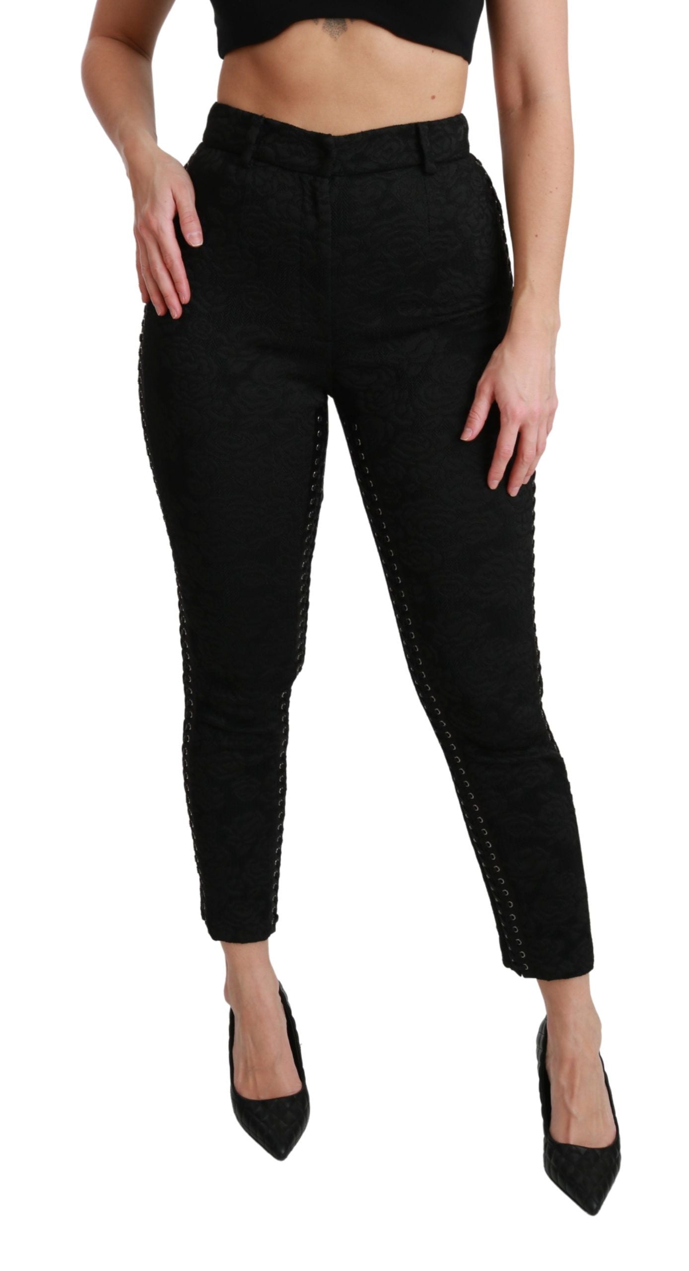 Zwarte brokaat skinny hoge taille broek