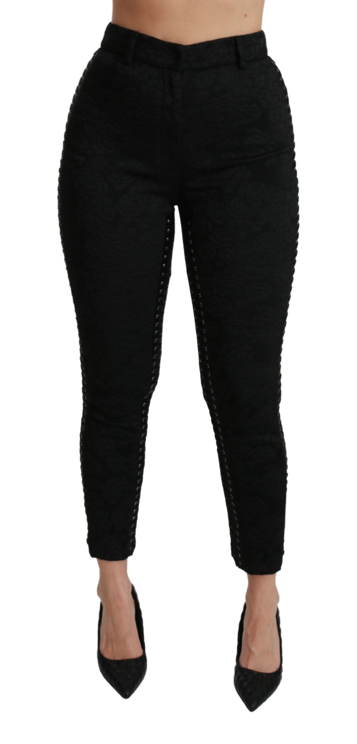 Zwarte brokaat skinny hoge taille broek