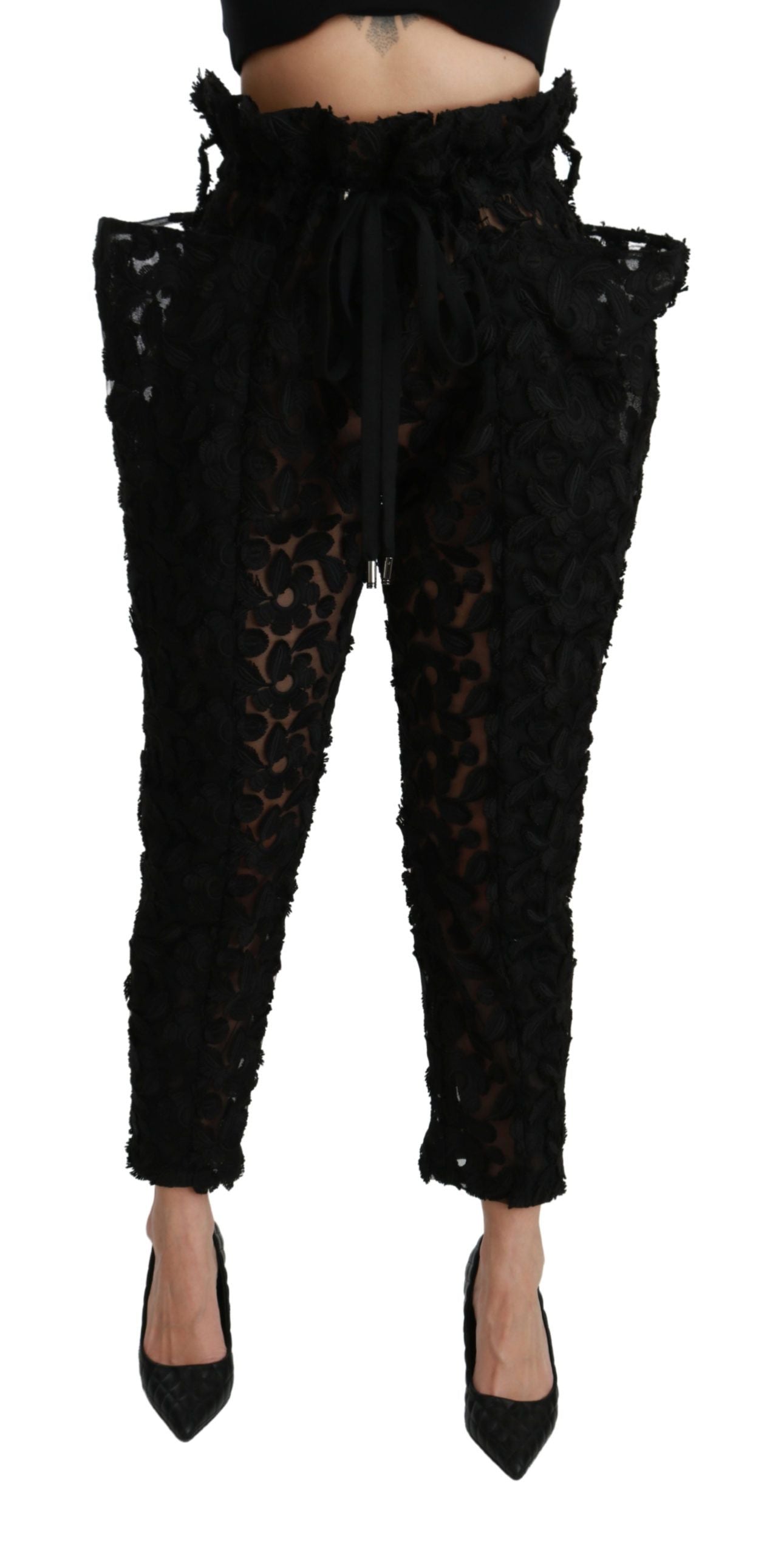 Zwarte bloemenkant taps toelopende hoge taille broek