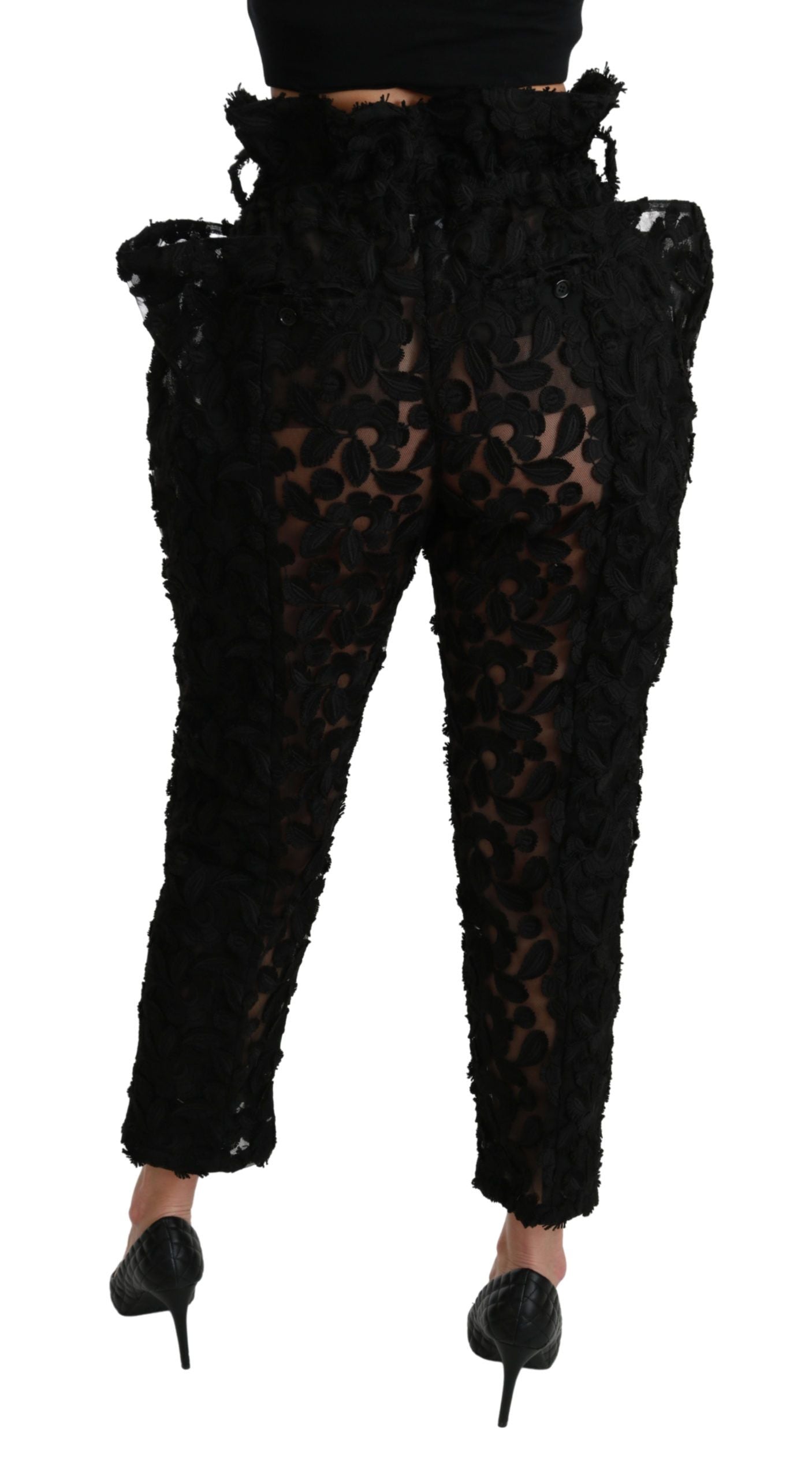 Zwarte bloemenkant taps toelopende hoge taille broek