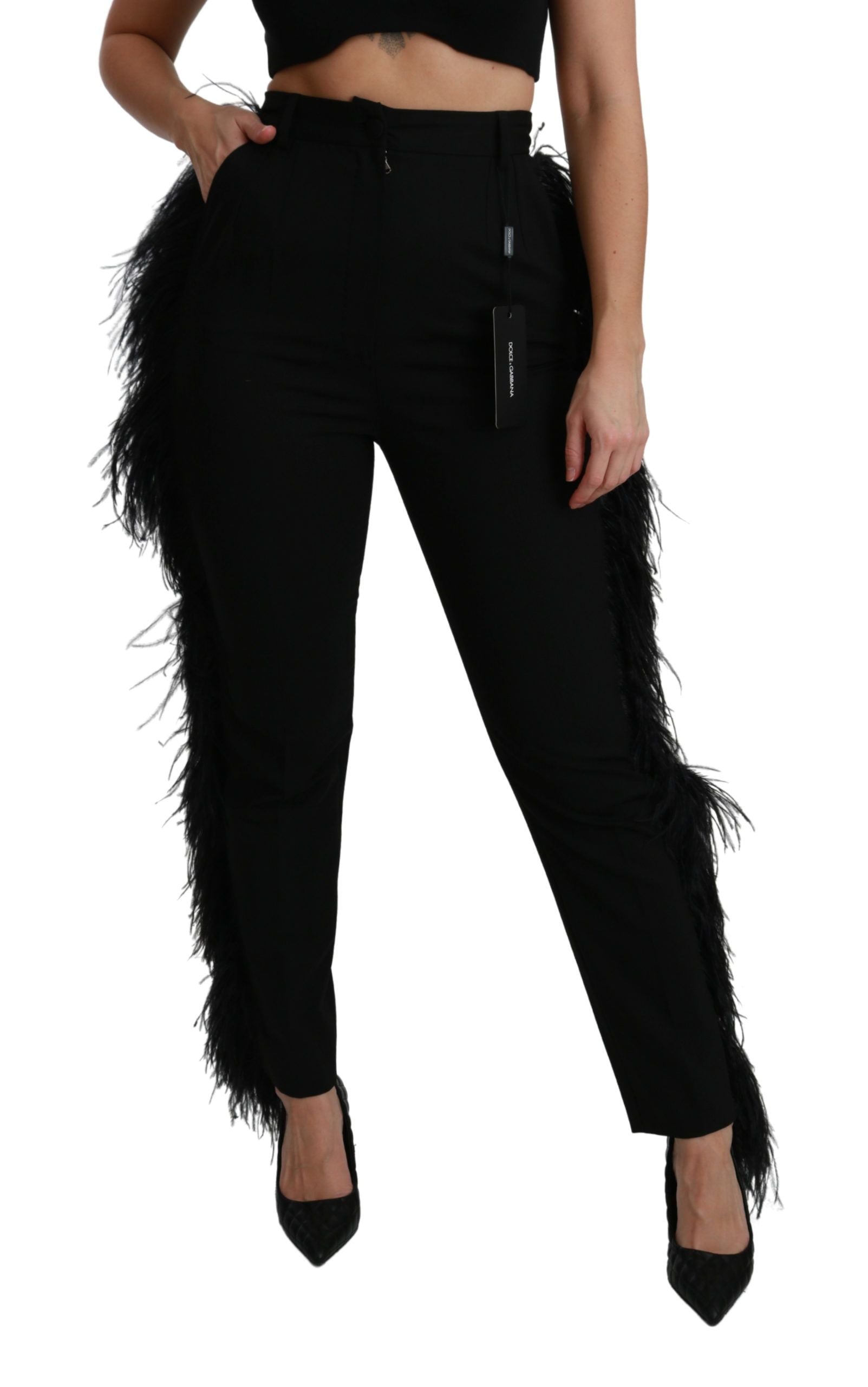 Zwarte wollen broek met hoge taille en rechte veren