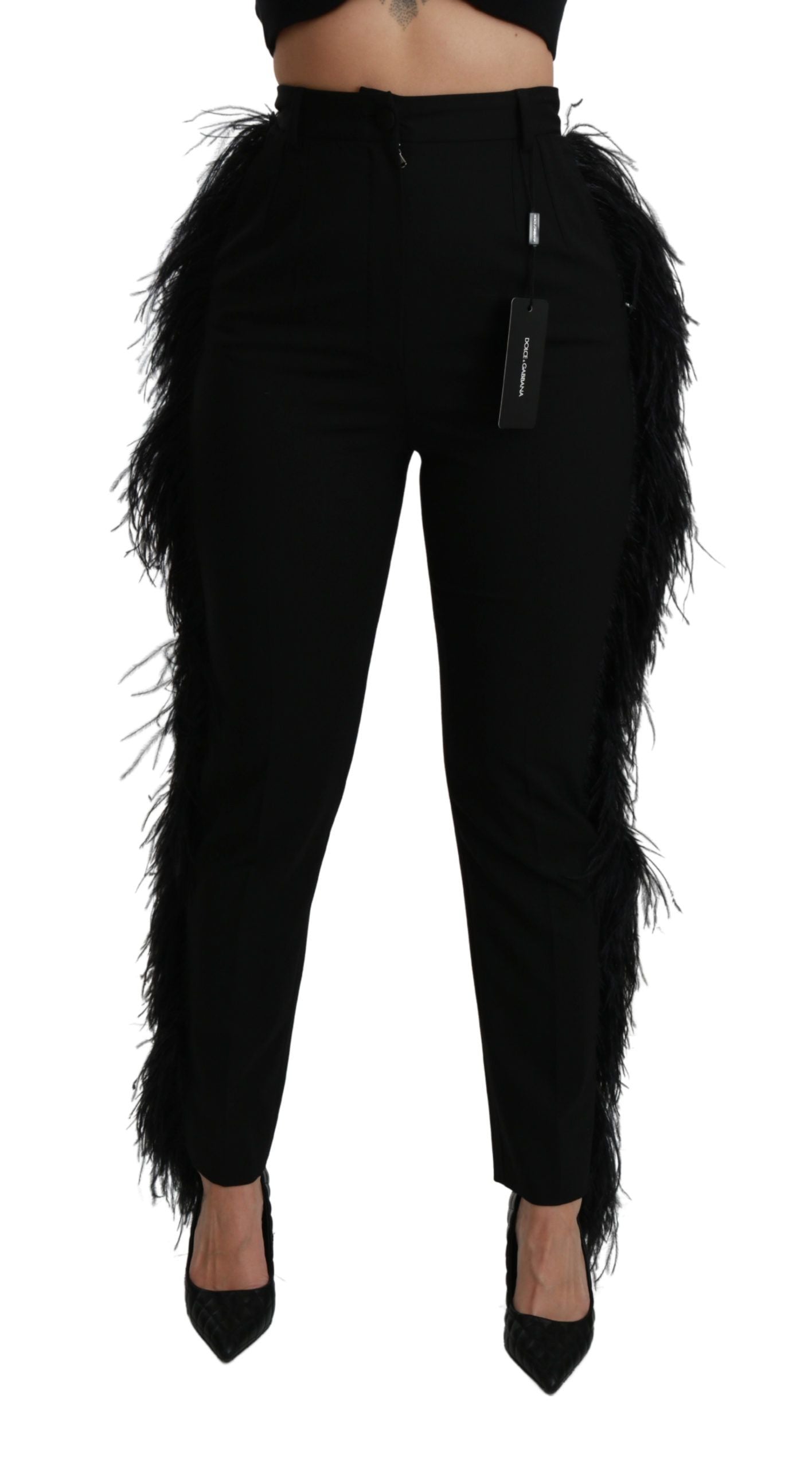 Zwarte wollen broek met hoge taille en rechte veren