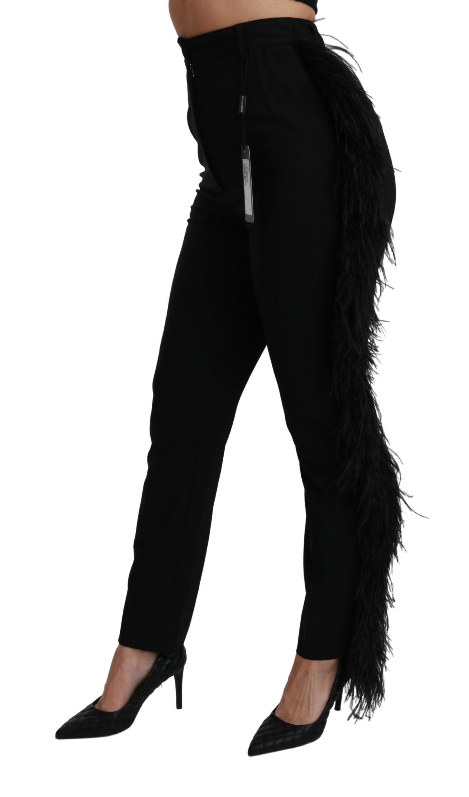 Zwarte wollen broek met hoge taille en rechte veren