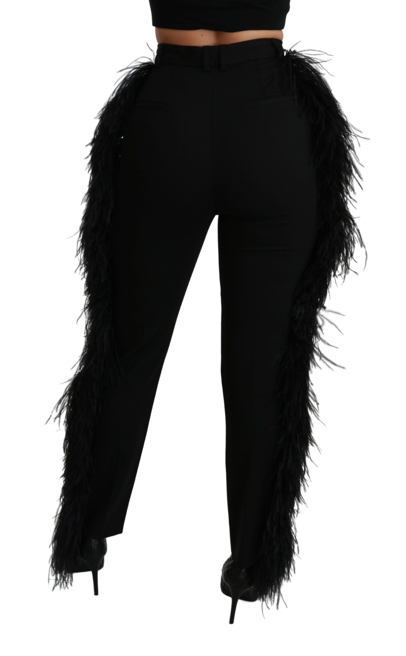 Zwarte wollen broek met hoge taille en rechte veren