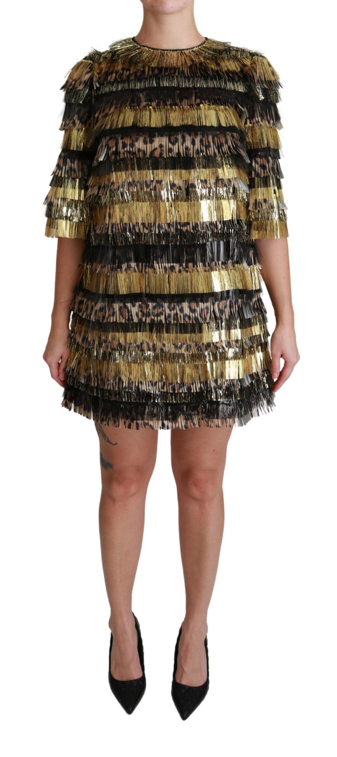 Polyester zwart goud luipaard shift mini-jurk