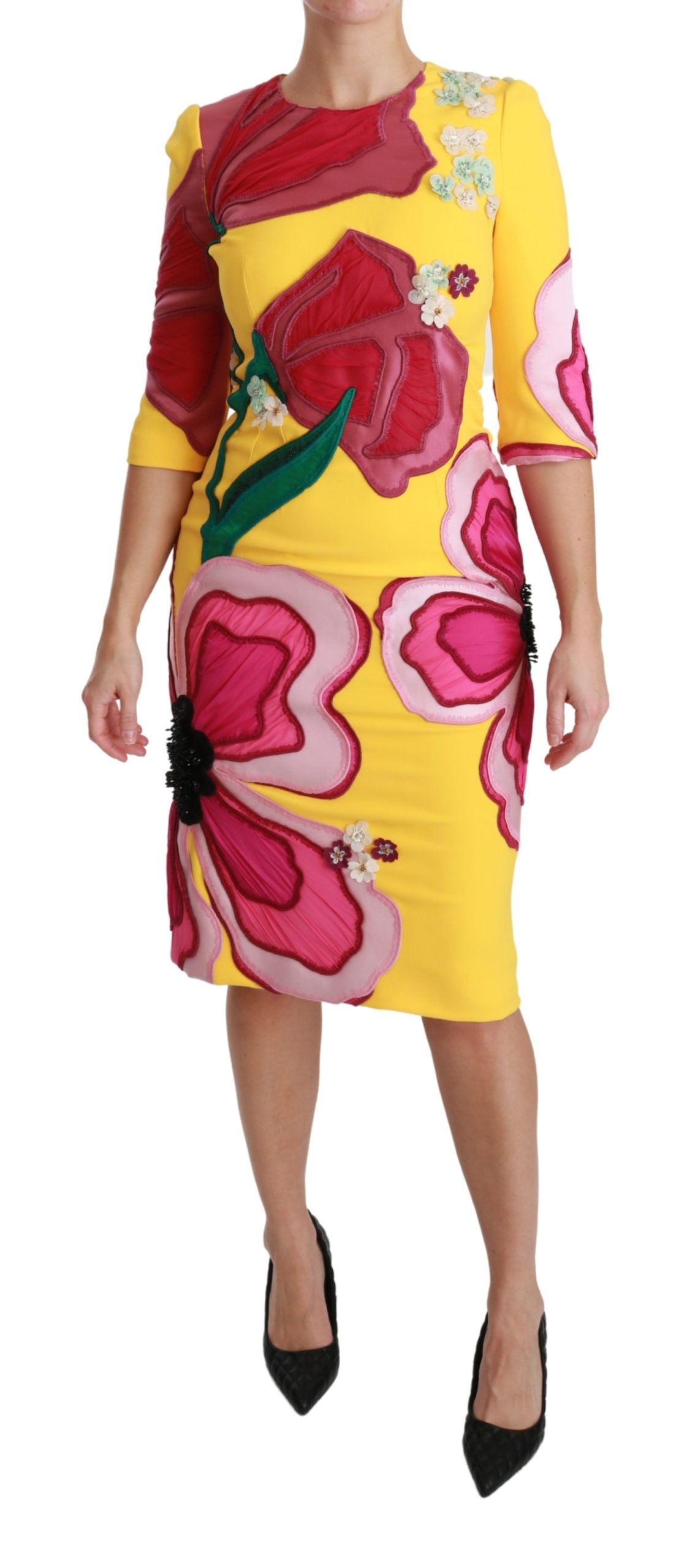 Gele bloemenjurk met kristallen, bodycon-model