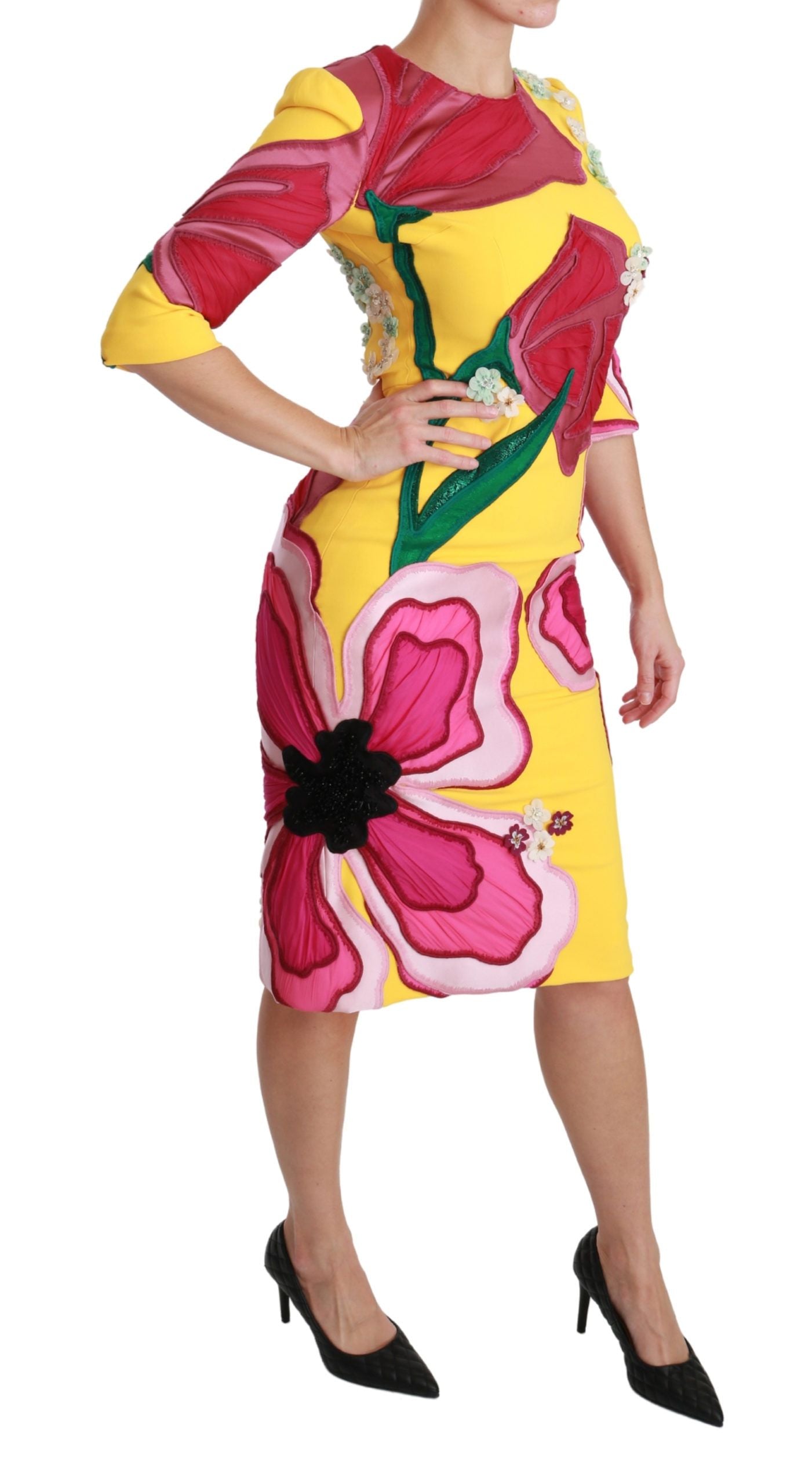 Gele bloemenjurk met kristallen, bodycon-model