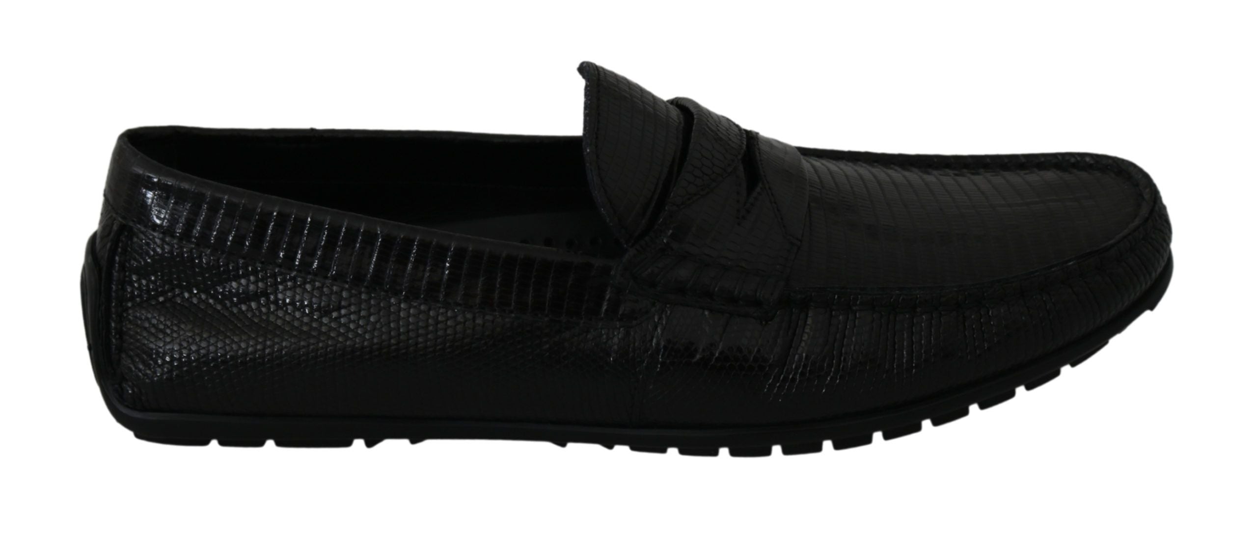 Zwarte hagedisleren platte loafers