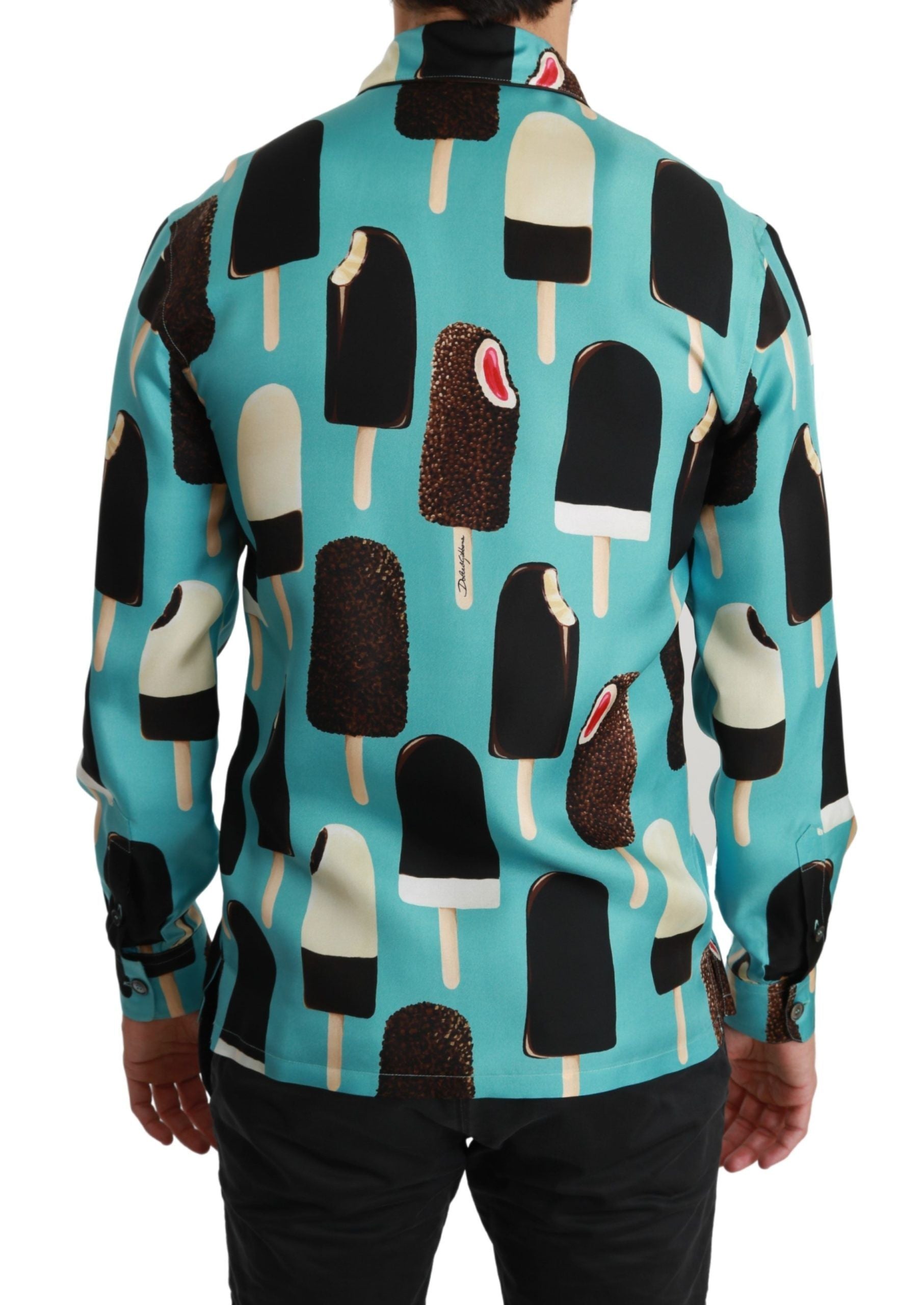 Blauw zijden casual overhemd met ijsjesprint