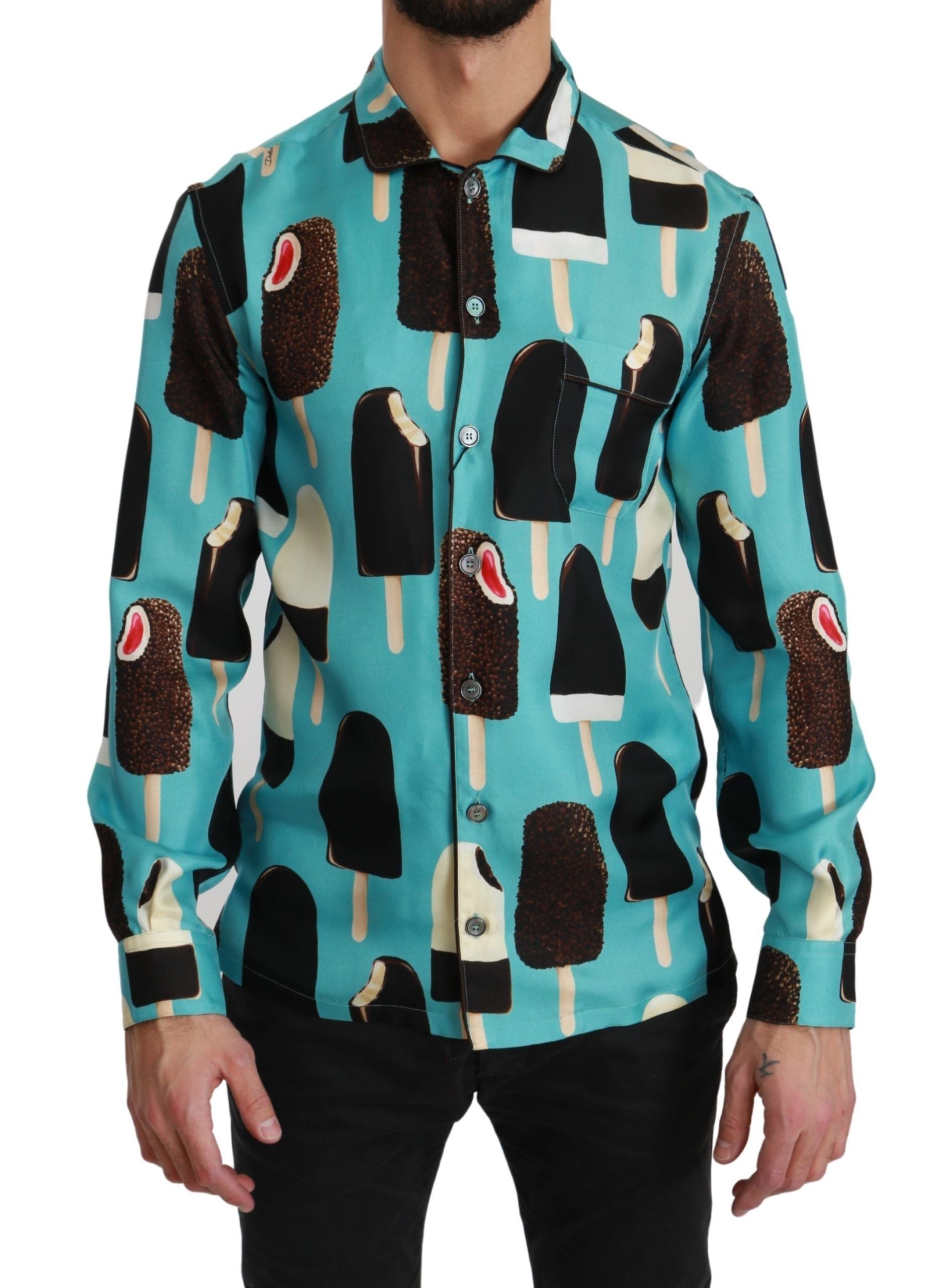 Blauw zijden casual overhemd met ijsjesprint