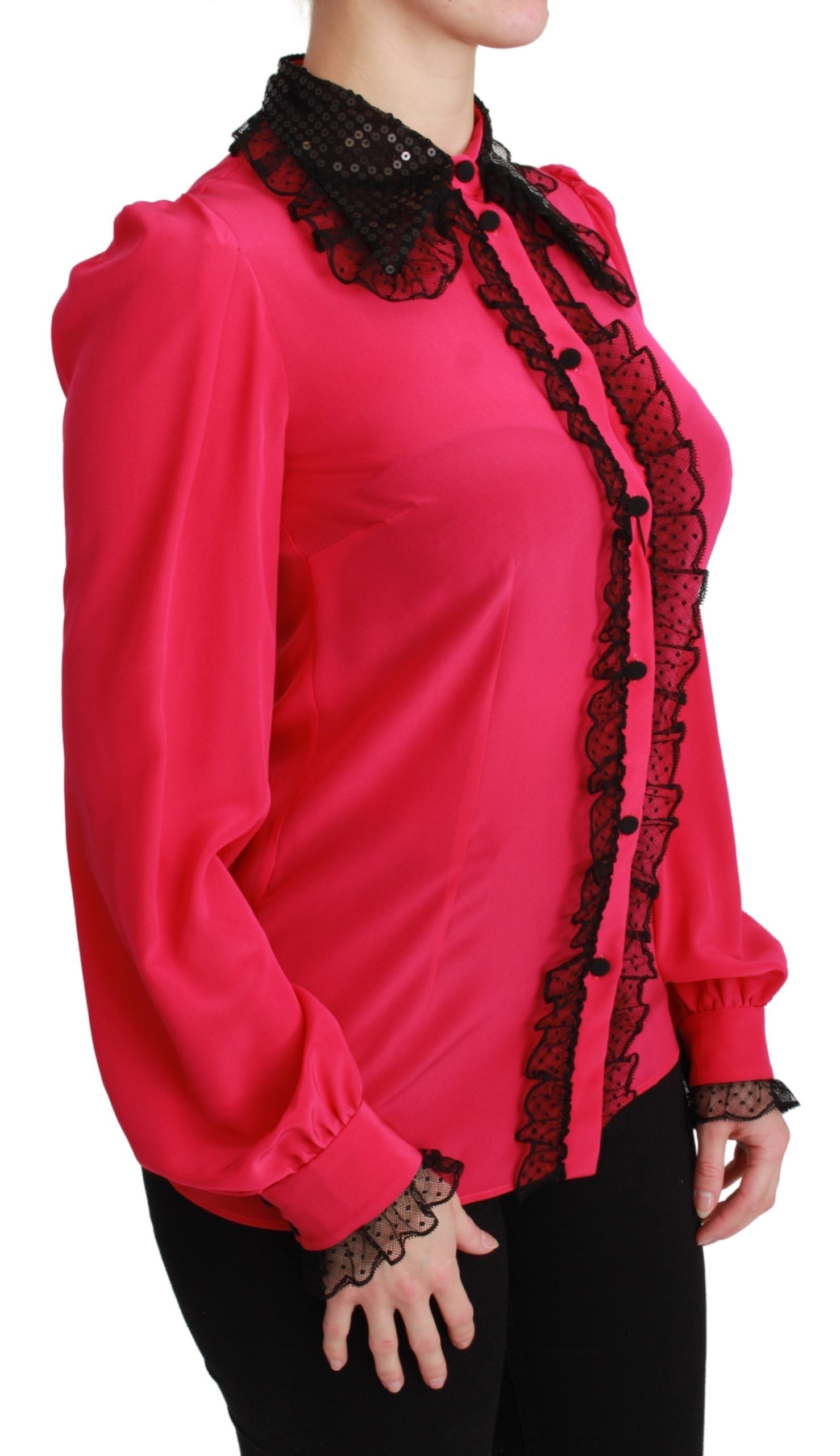 Roze zijden zwarte pailletten kanten blouse