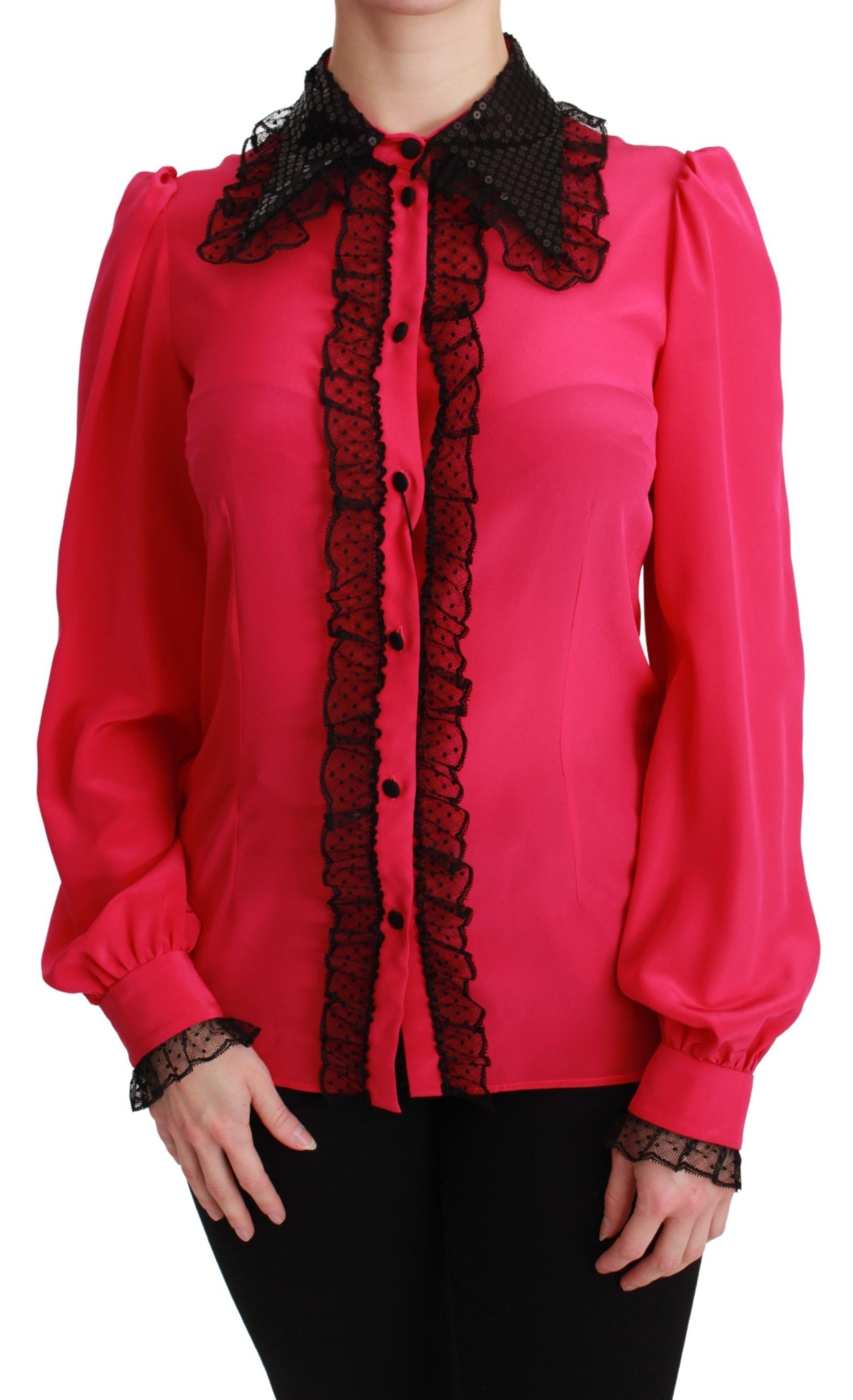 Roze zijden zwarte pailletten kanten blouse