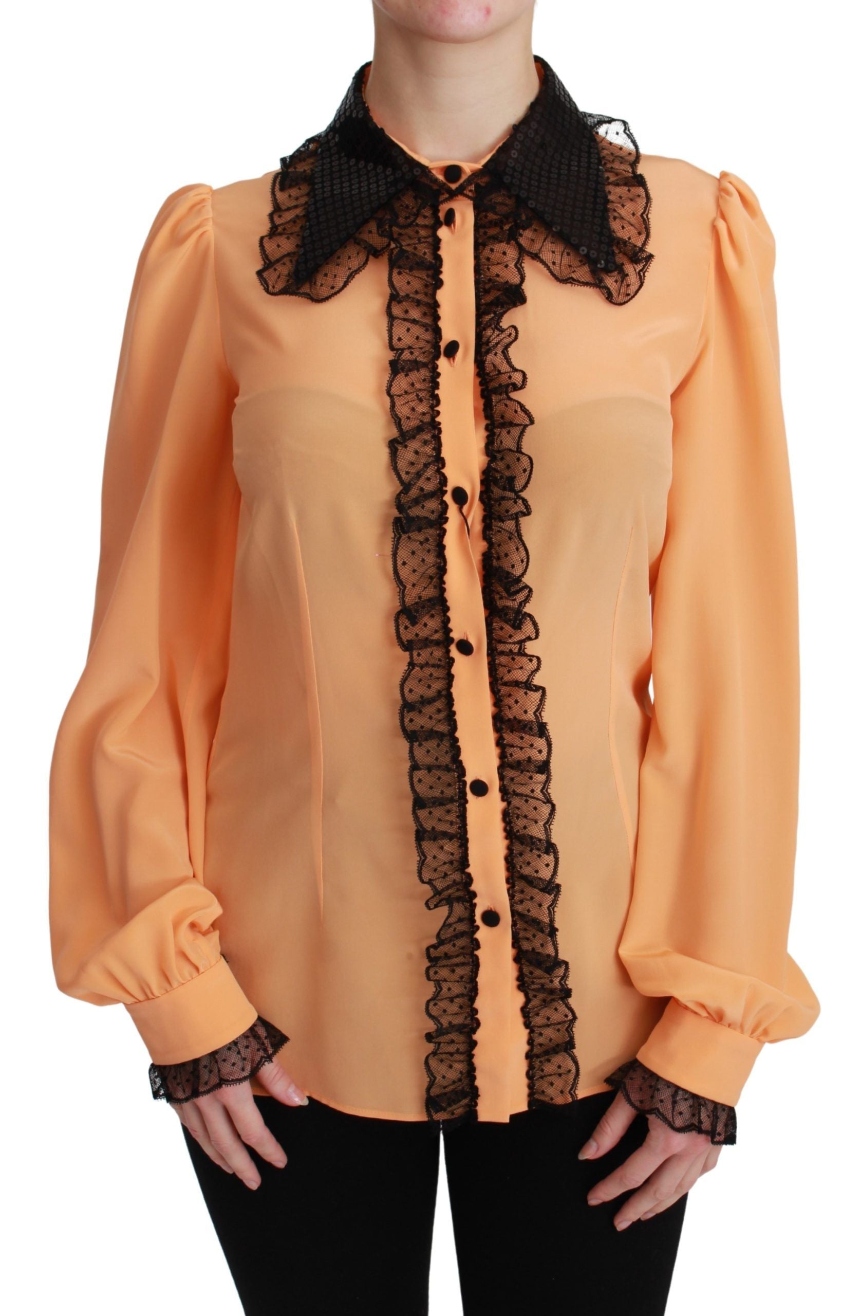 Gele zijden blouse met pailletten en kant