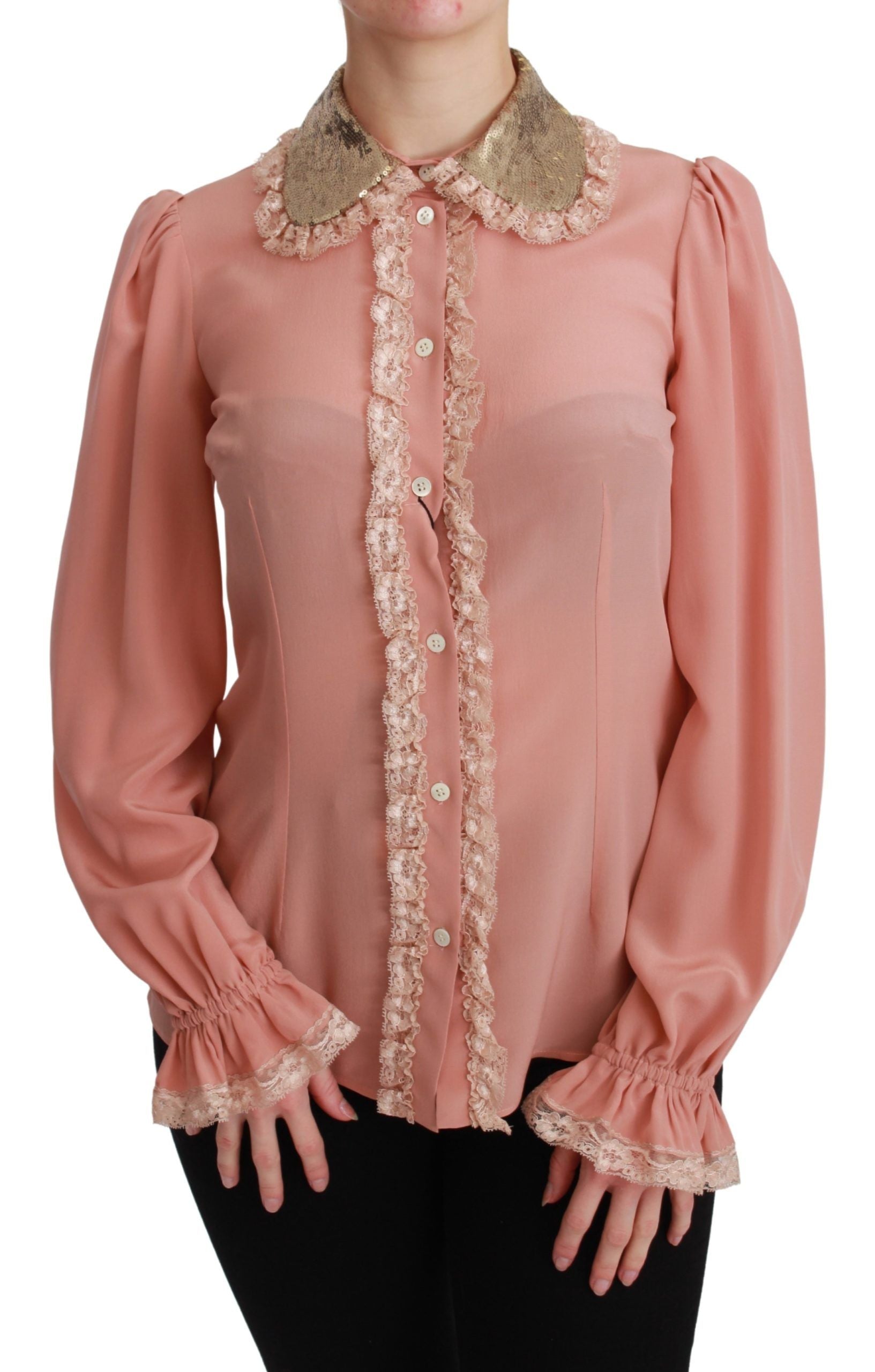 Roze zijden blouse met gouden pailletten en kant
