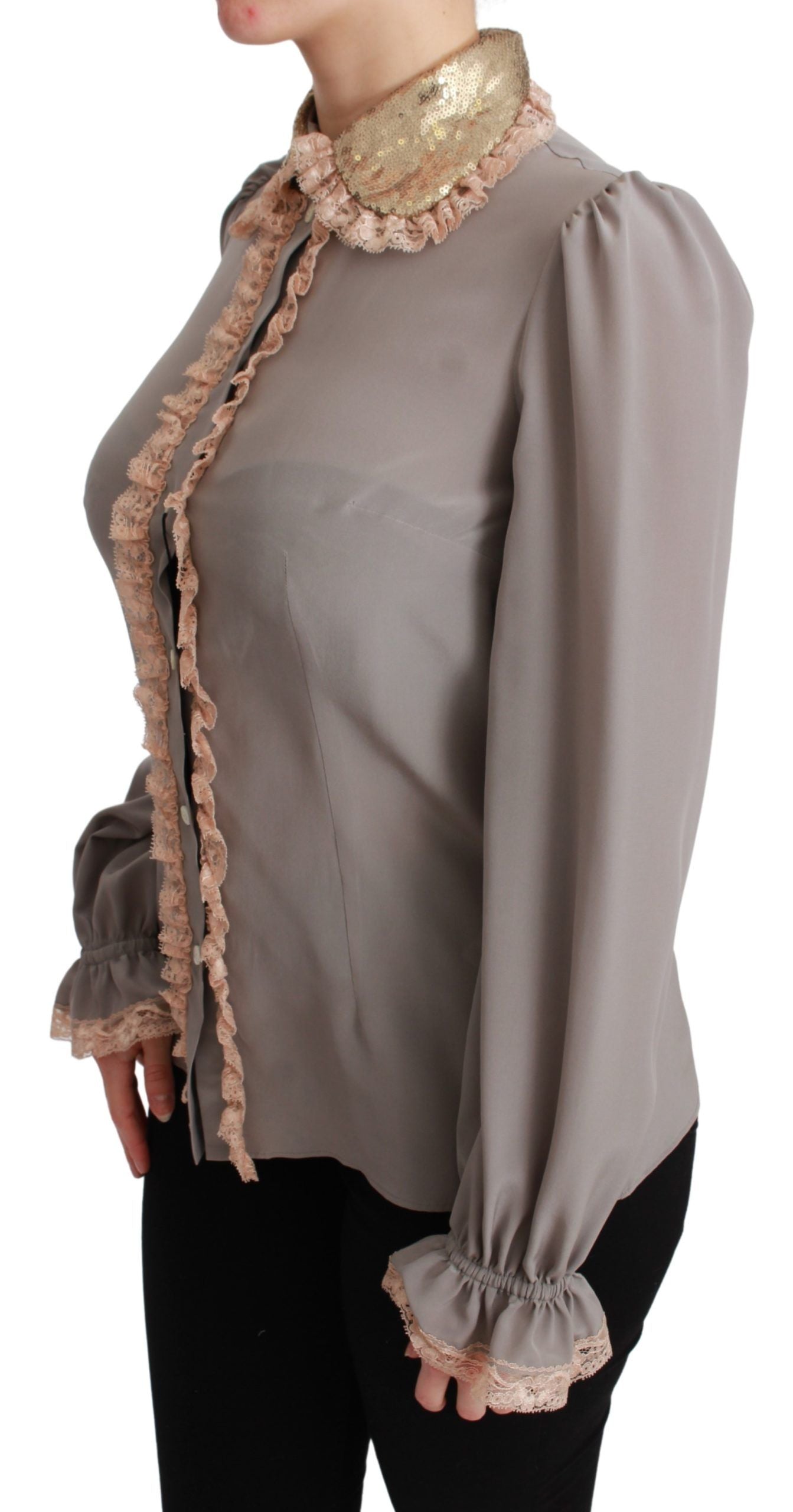 Grijze zijden blouse met gouden pailletten en kant