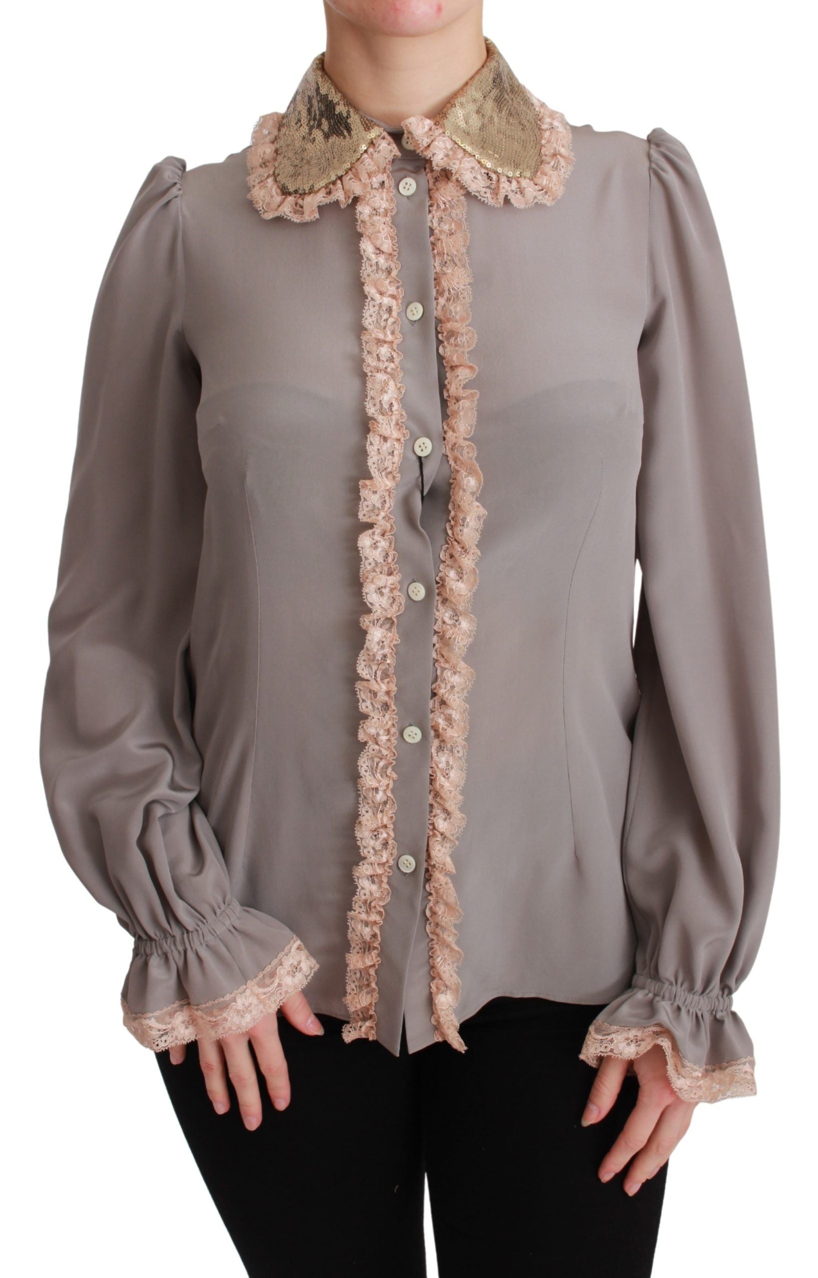 Grijze zijden blouse met gouden pailletten en kant