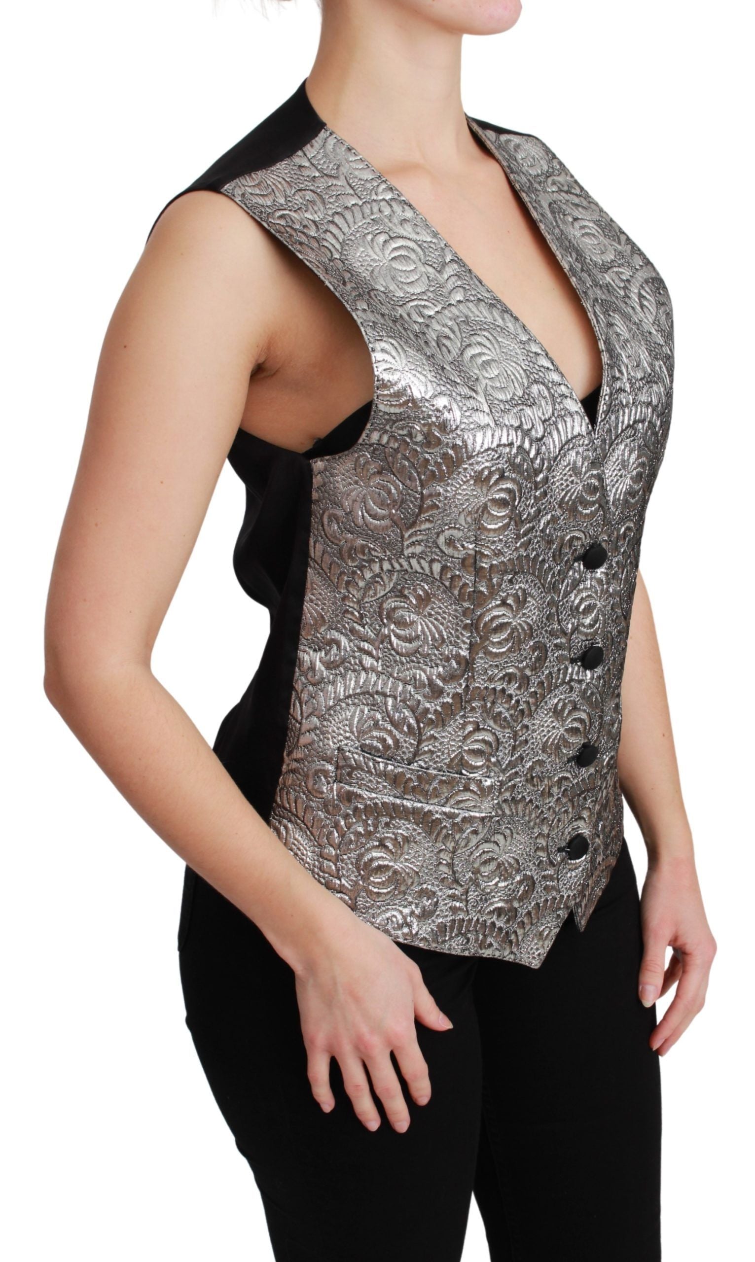 Zilveren brokaat mouwloze metallic top