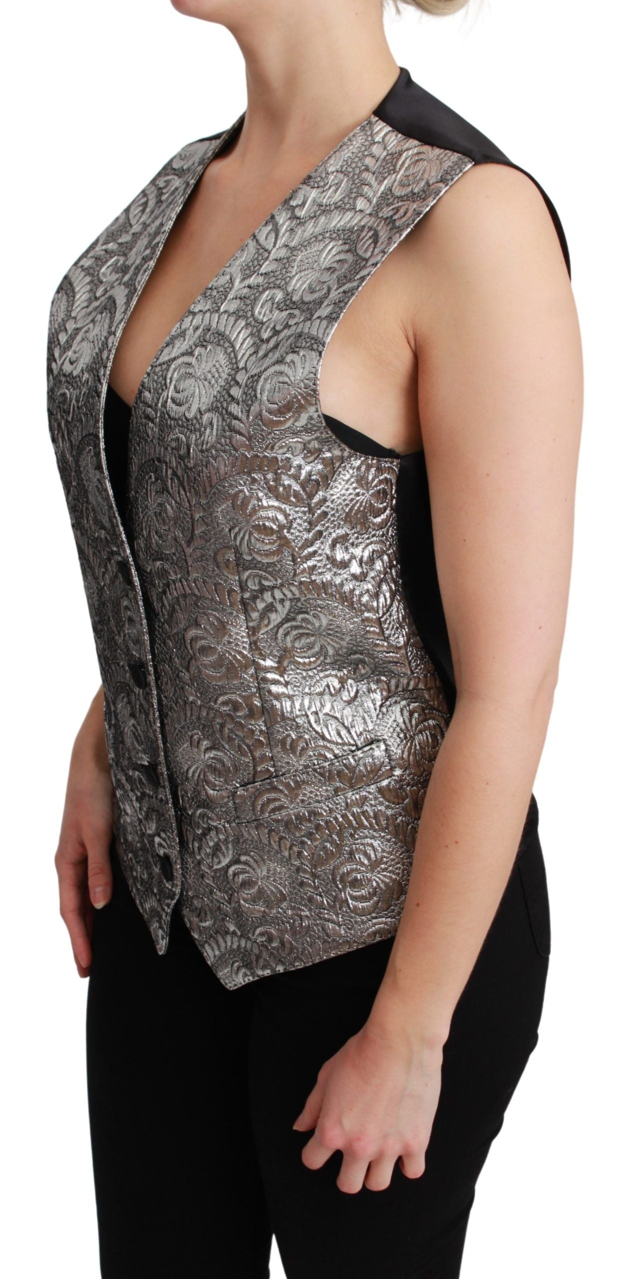 Zilveren brokaat mouwloze metallic top