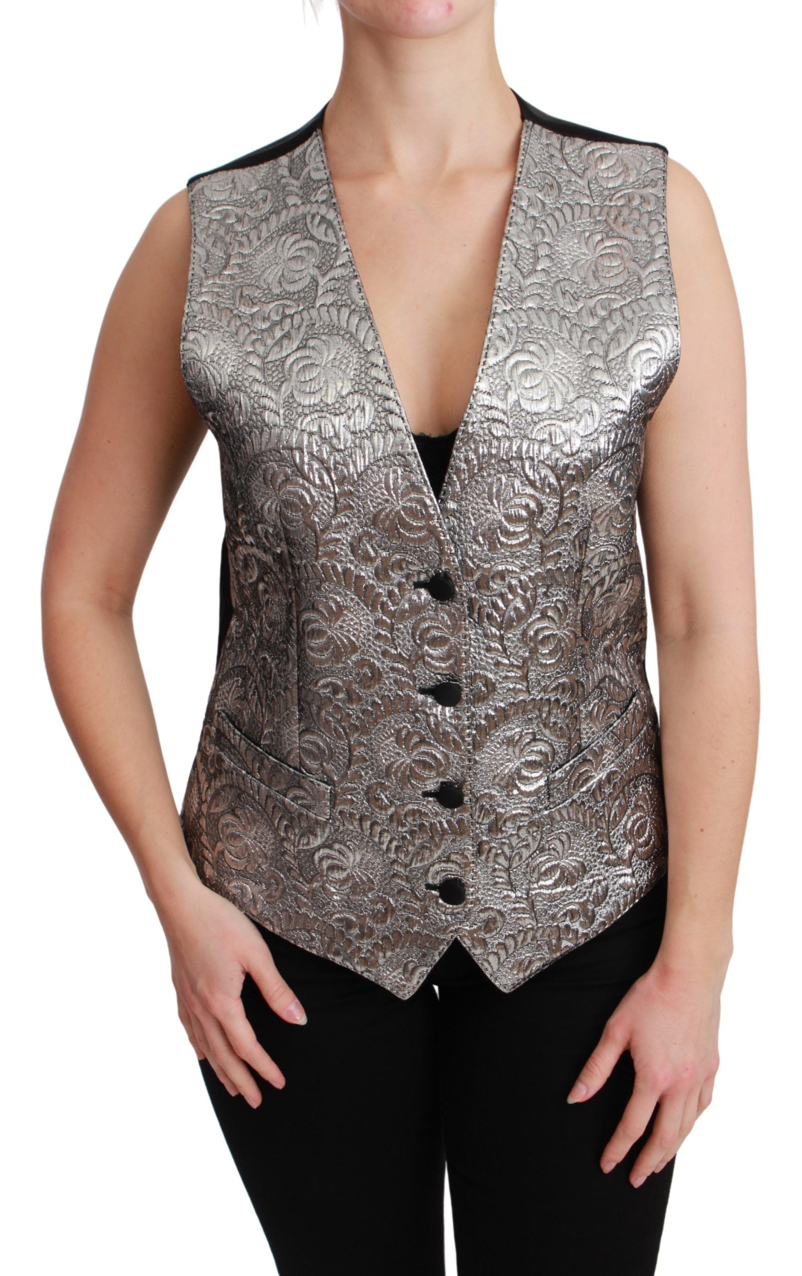 Zilveren brokaat mouwloze metallic top