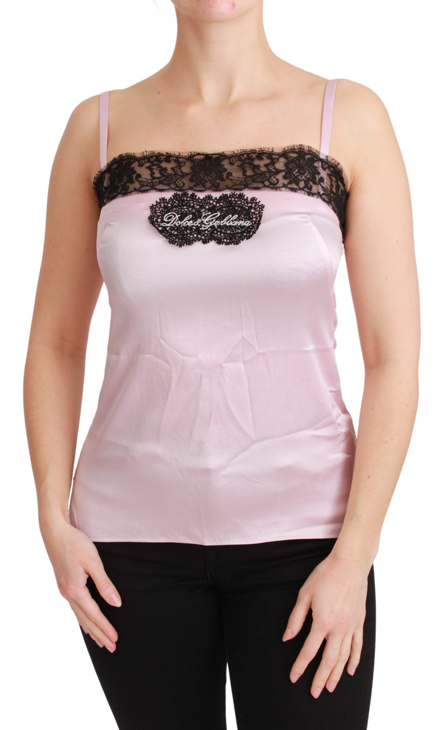 Zijden zwarte kanten top roze tanktop