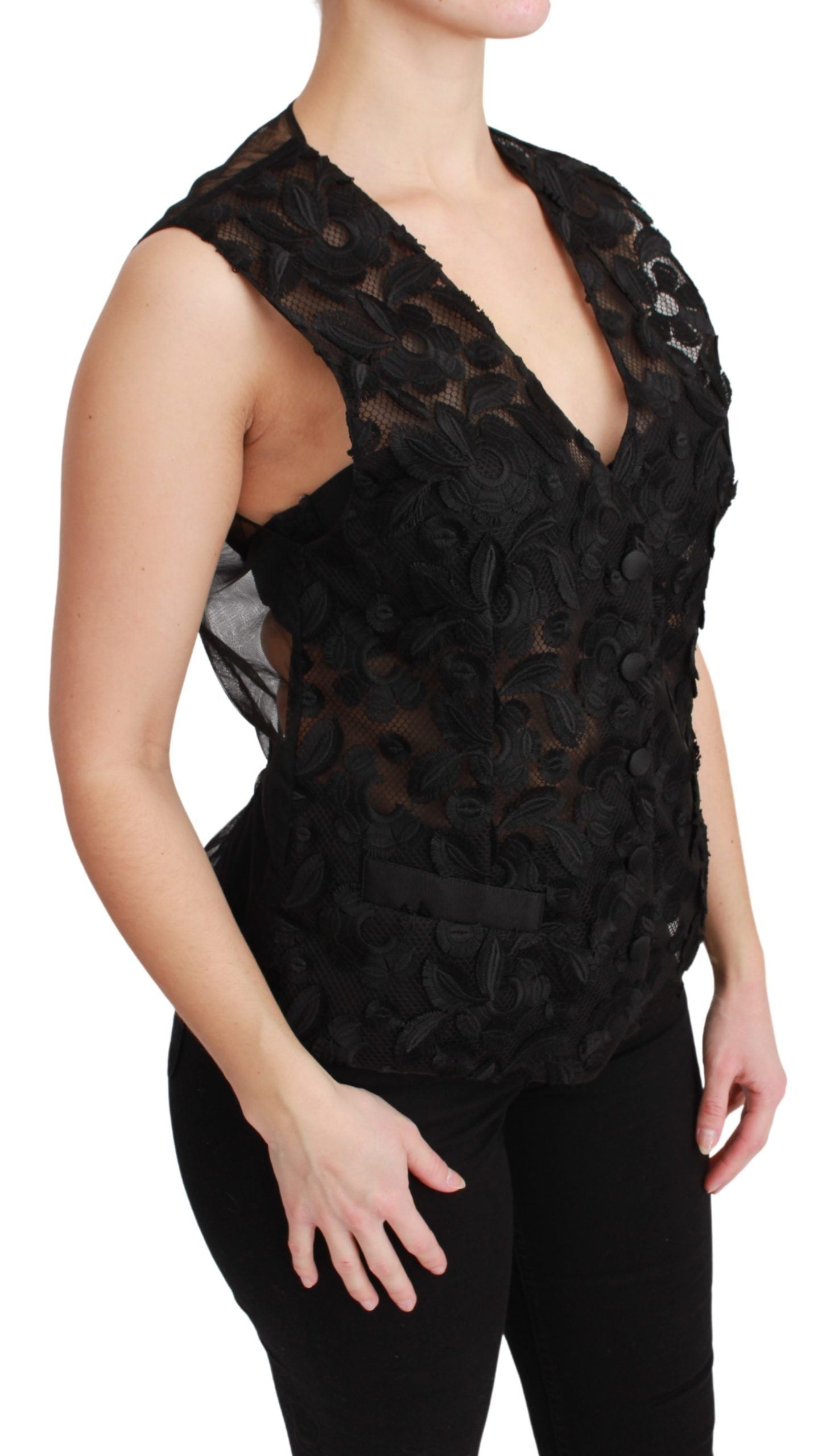 Zwarte bloemenbrokaat top gilet