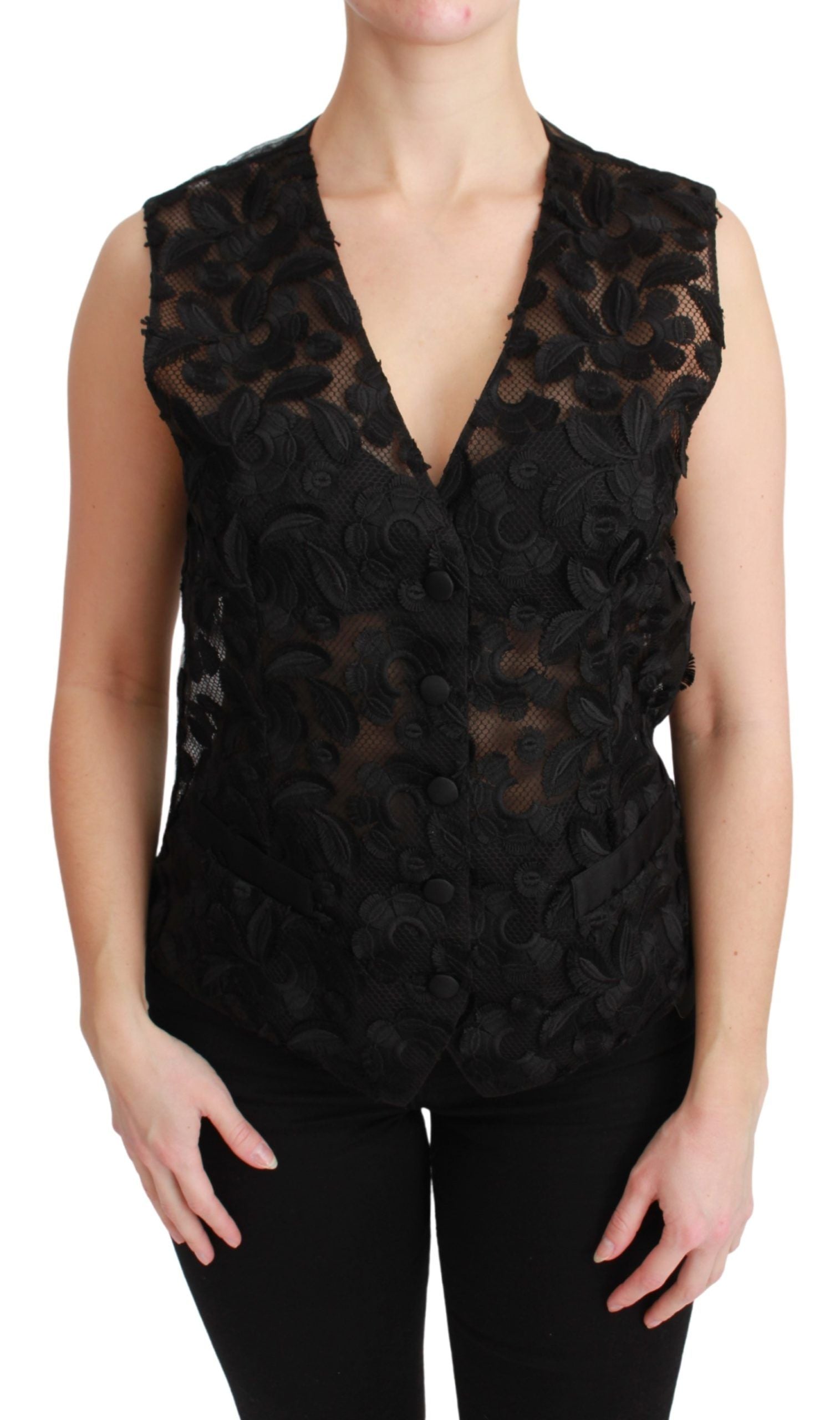 Zwarte bloemenbrokaat top gilet